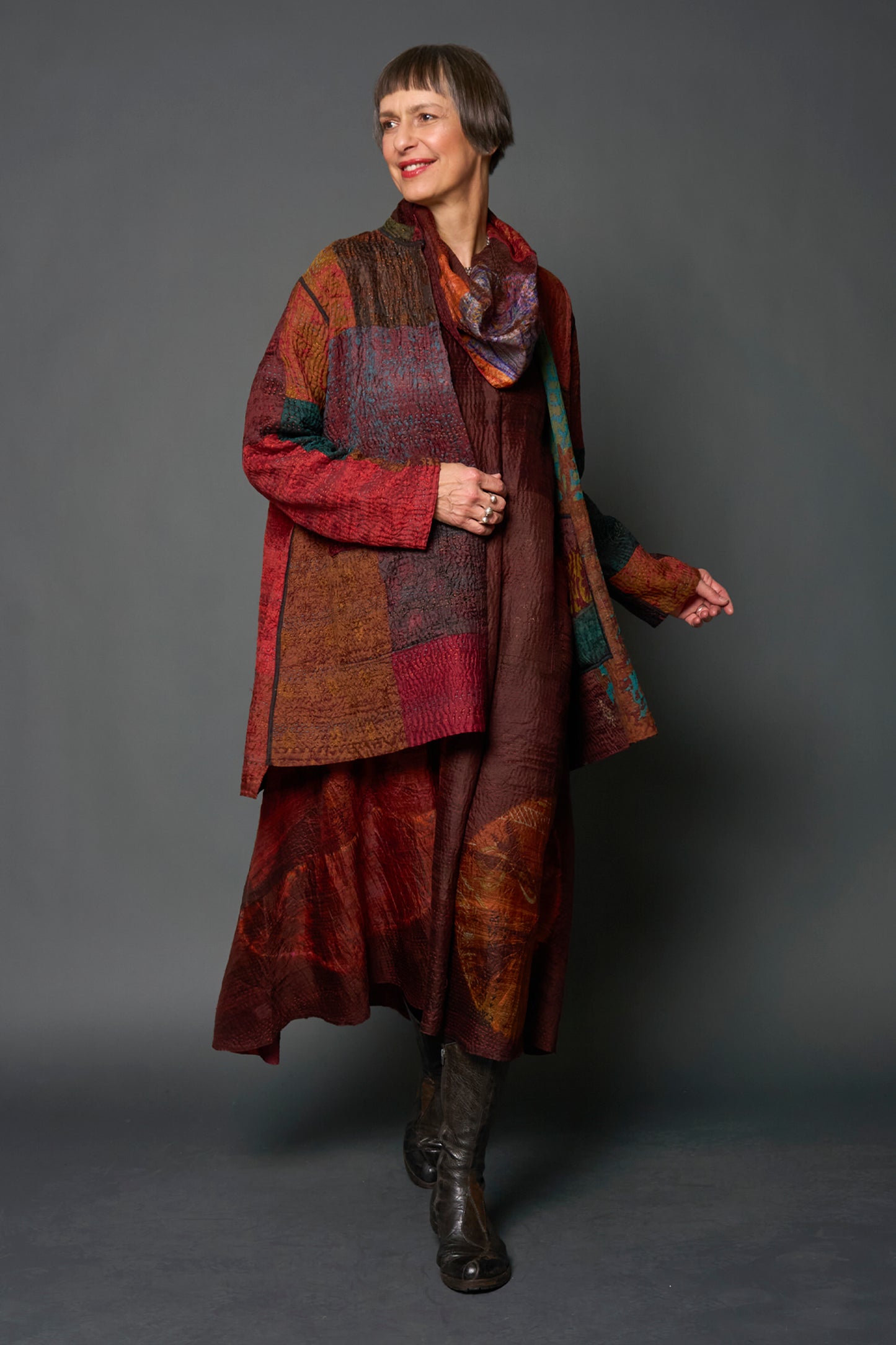 JACQUARD SILK KANTHA KAFTAN JACKET MEDIUM - js4089-brn -