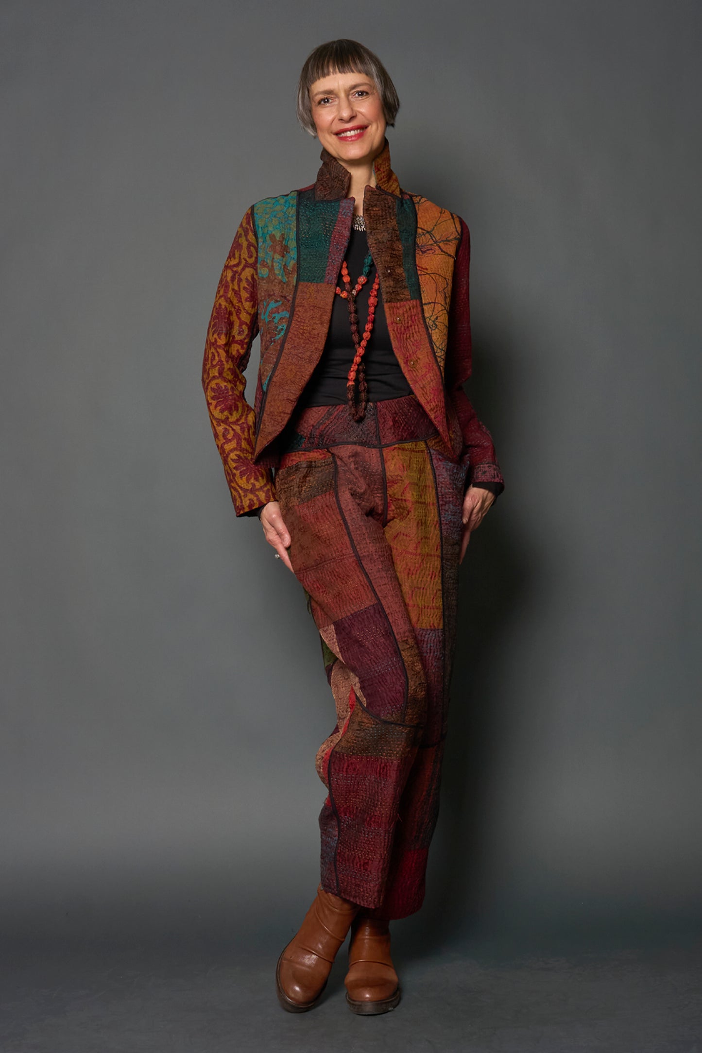 JACQUARD SILK KANTHA CROPPED BASIC JACKET - js4096-brn -