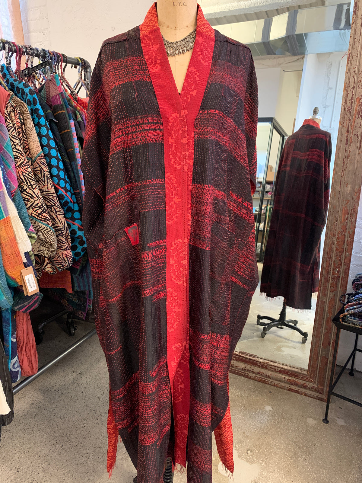 KIMONO PRINT KANTHA PONCHO DRESS - kp2443-red -