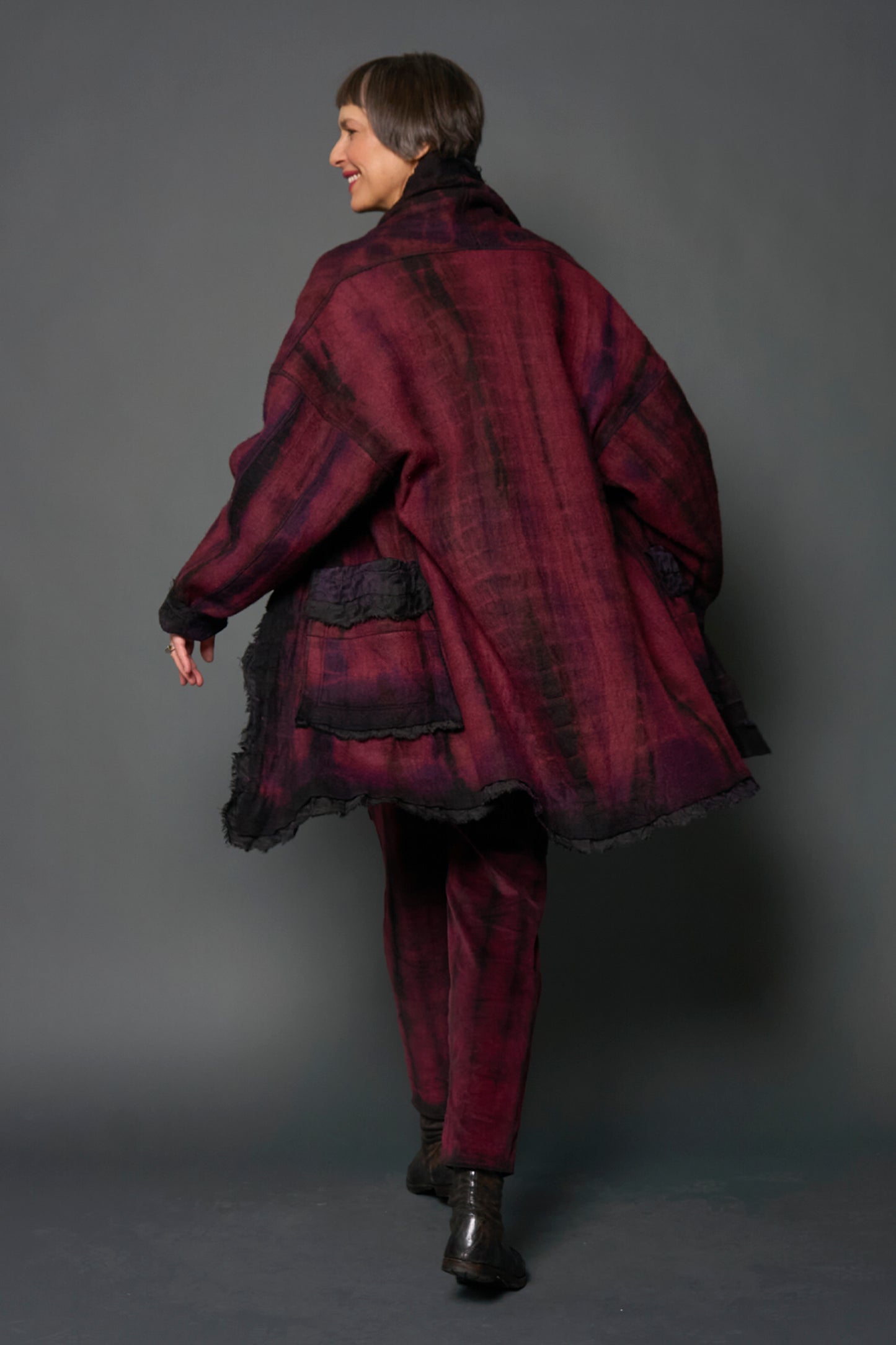 SHIBORI TIE DYE BOILED WOOL WITH JACQUARD CIGAR COAT - tb2355-pik -
