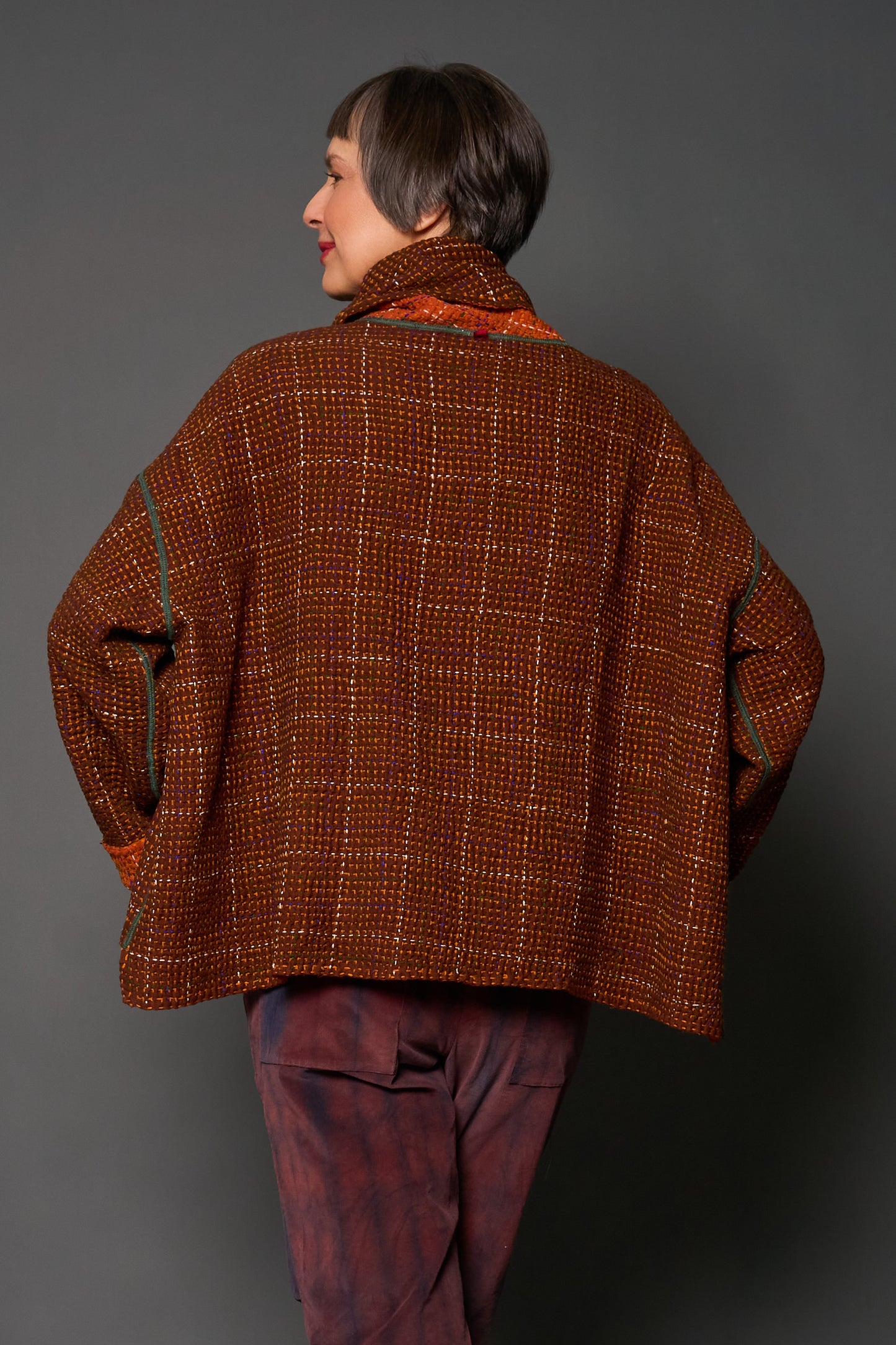 WOOL WAFFLE KANTHA NEW COWL NECK PONCHO - ww3083-org -