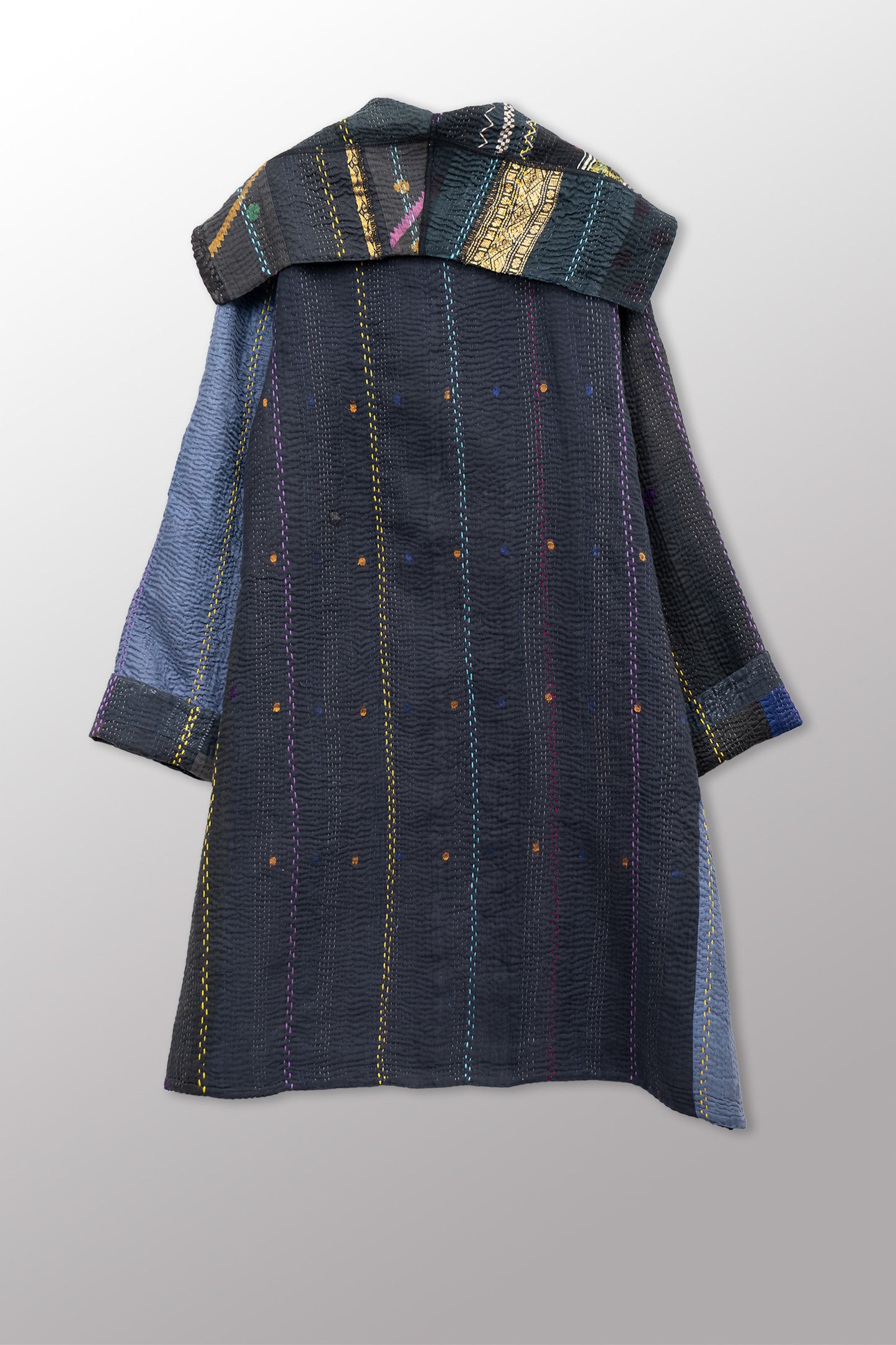 JEWEL WOVEN WITH VERTICAL PATCH KANTHA POCKET MEDIUM COAT - jv4316-blk -