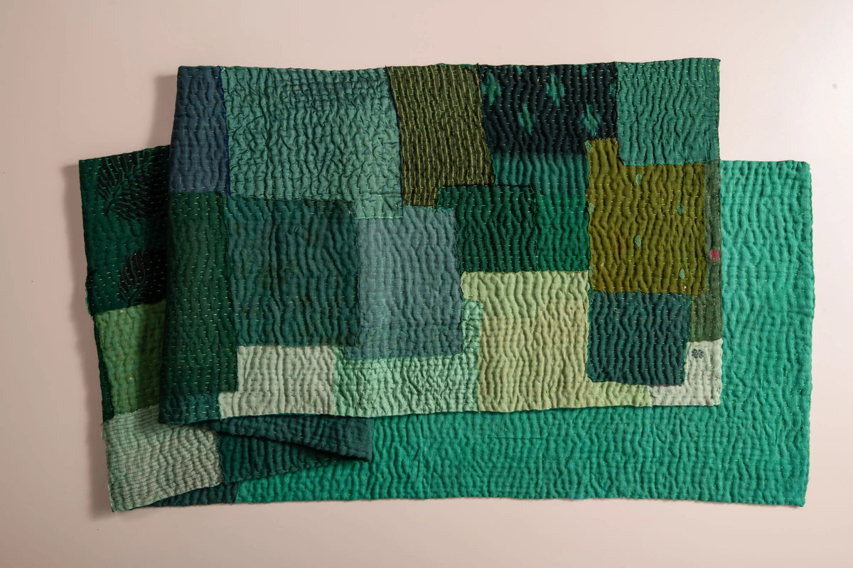 Landscape Fray Patch Vintage Kantha Runner -Green