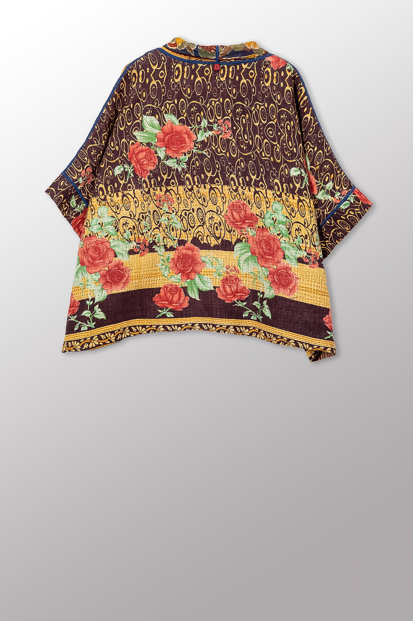 VINTAGE SILK GEORGETTE COTTON KANTHA MINI PONCHO - gc4060-0002a -