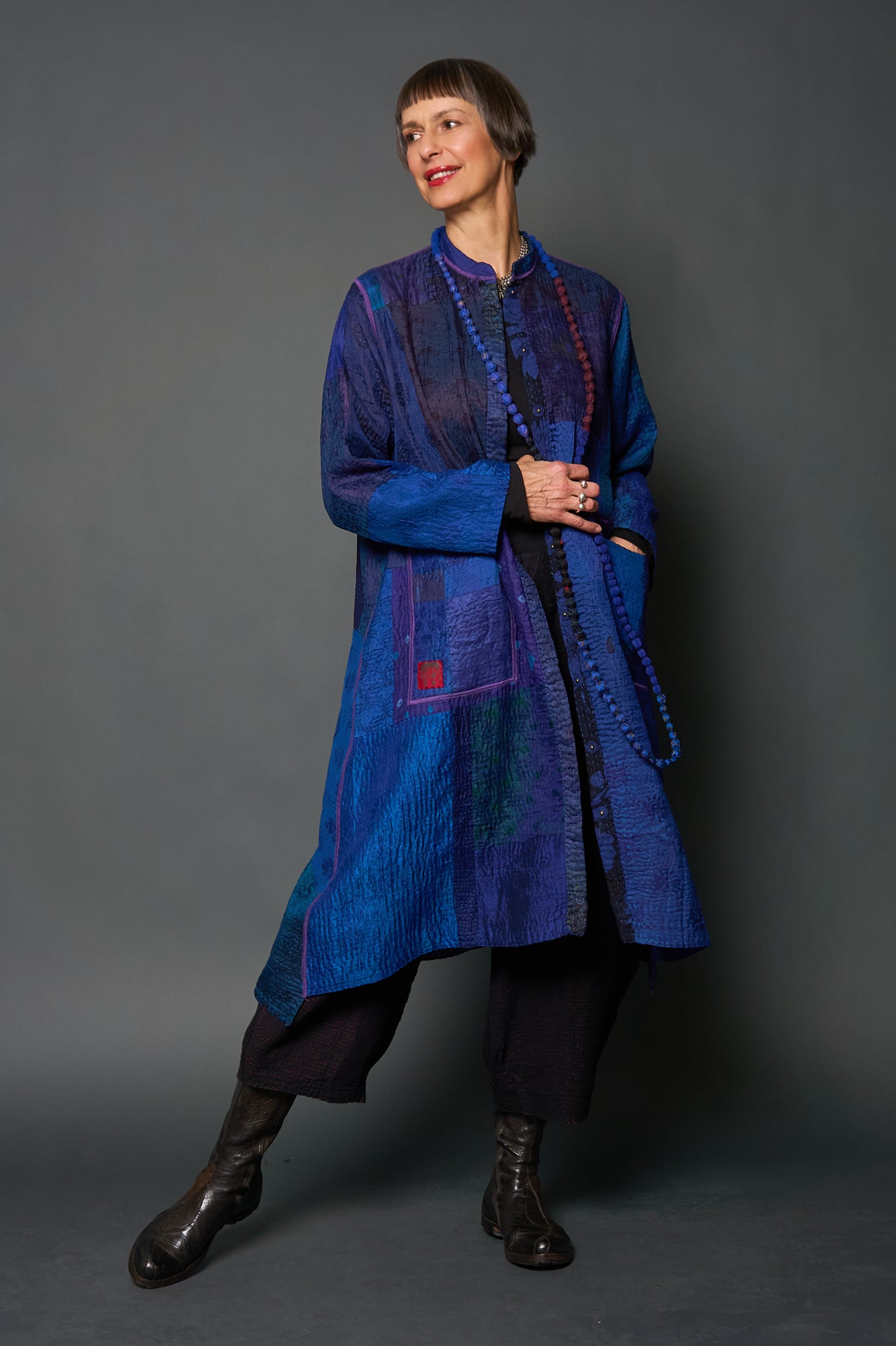 JACQUARD SILK KANTHA KAFTAN COAT - js4343-nvy -