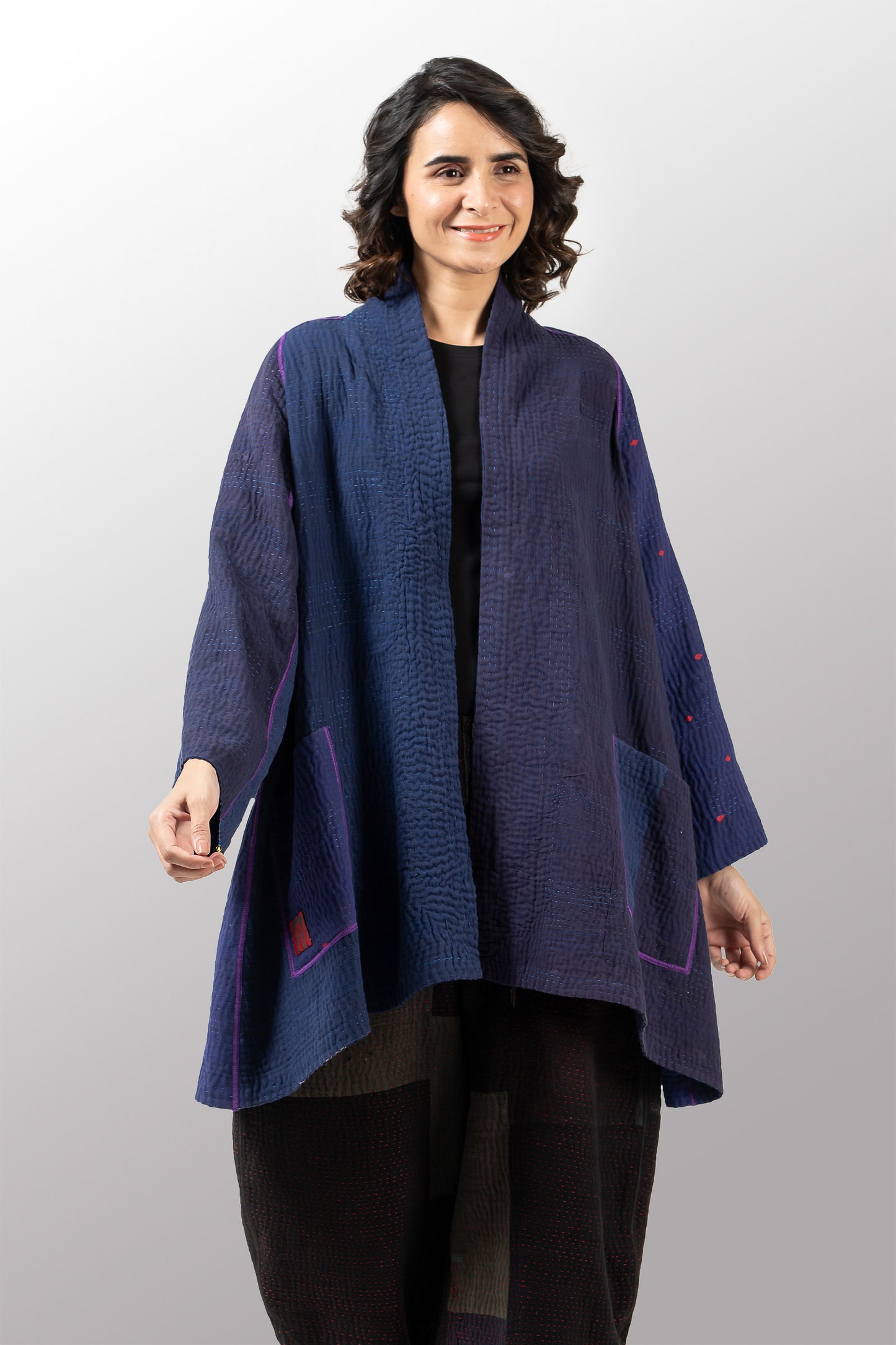 COTTON SILK SW PATCH KANTHA A-LINE JKT - ws4003-nvy -