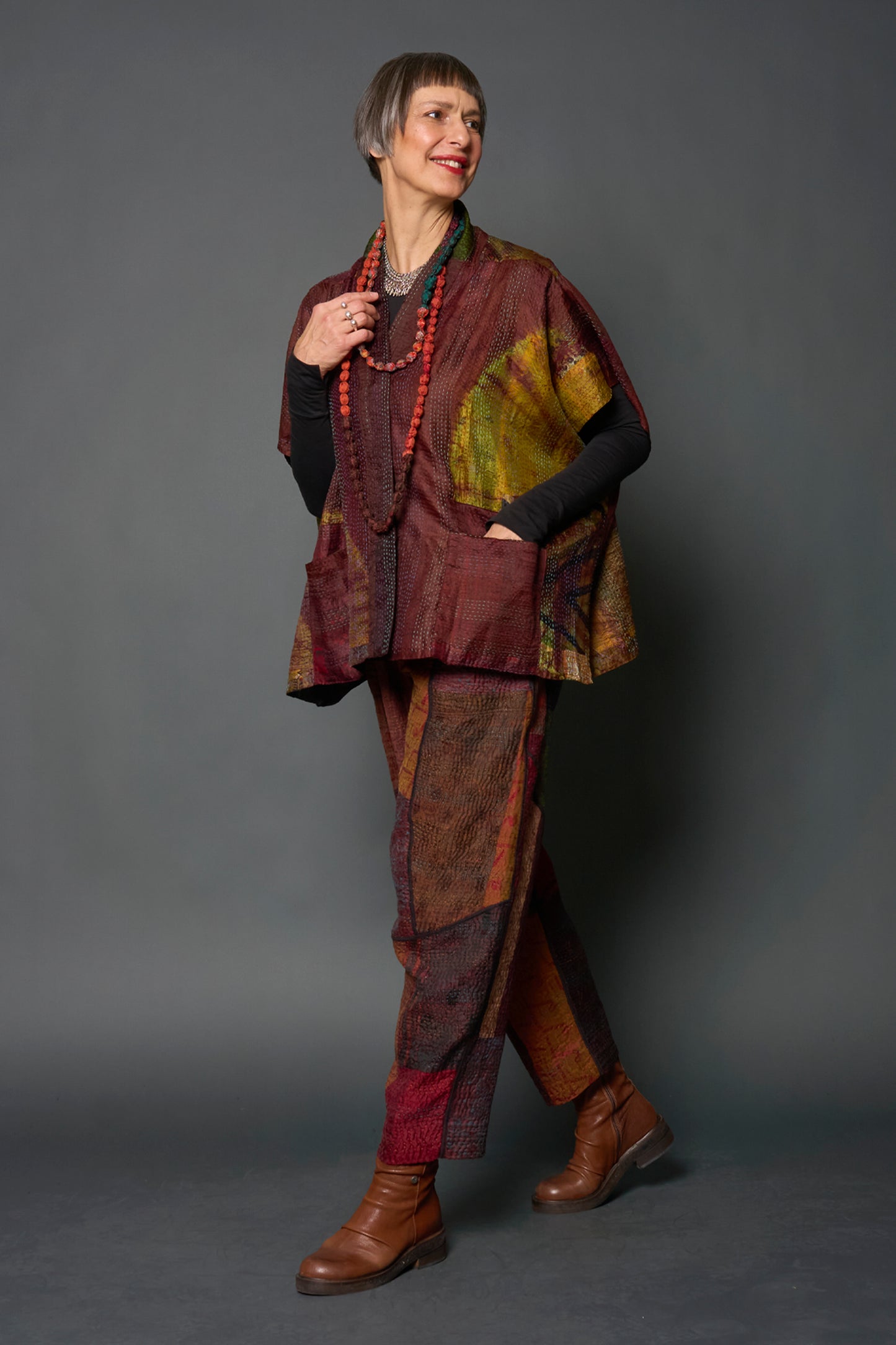 JACQUARD SILK PATCH TIE DYE CIRCLE SHIBORI KANTHA PONCHO TOP - wj2568-grn -