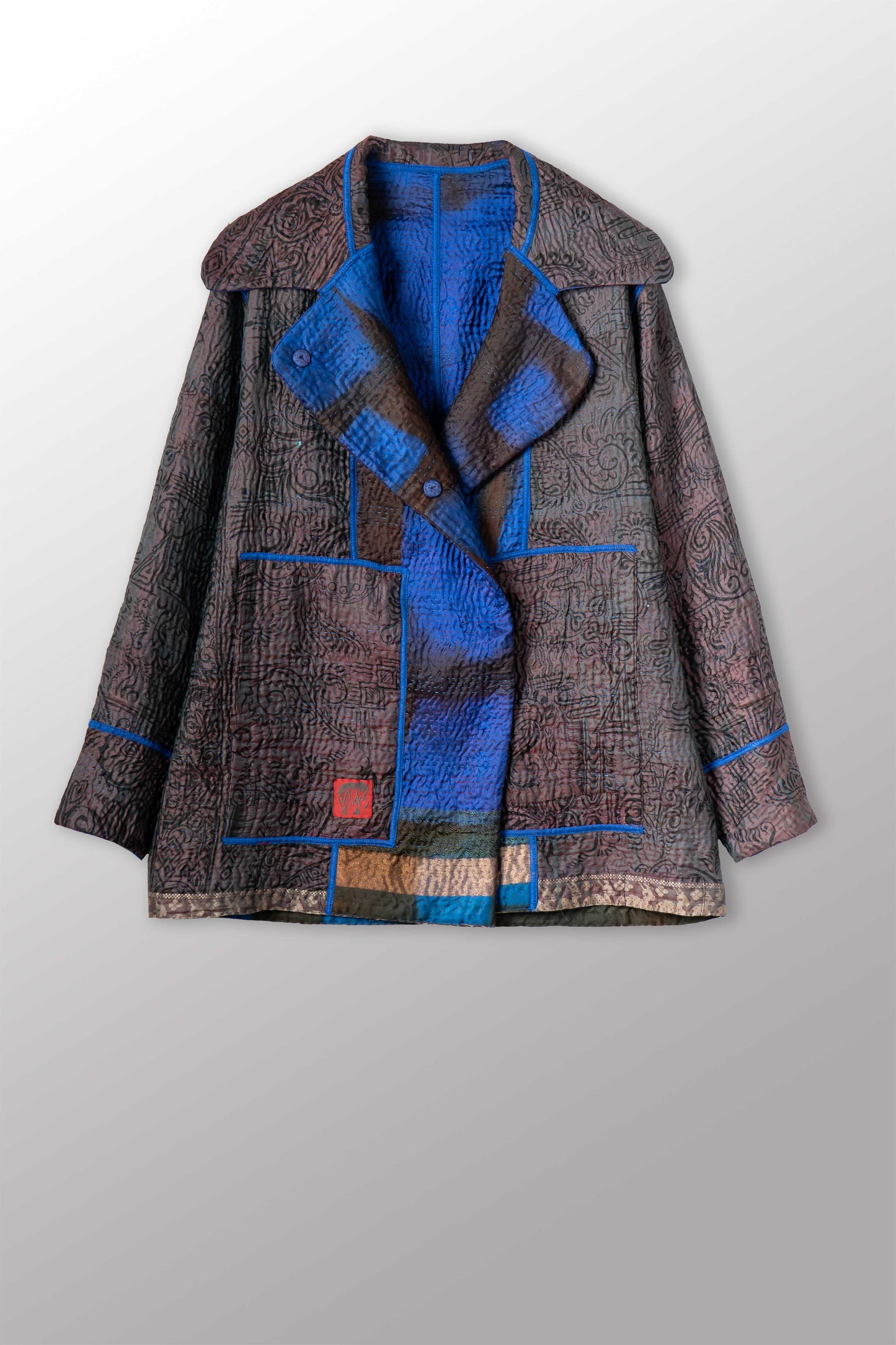 VINTAGE JACQUARD CLAMP DYE WITH PRINTED SILK KANTHA PEA COAT - jk4349-0001m -