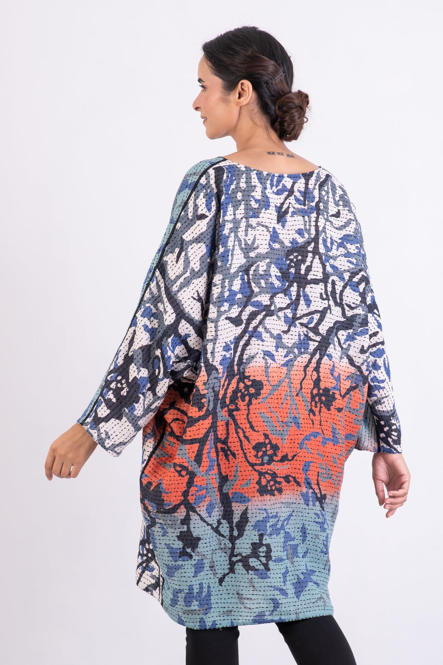 SUMMER BREEZE PRINT KANTHA DOLMAN SLV. DRESS - sz2410-blu -