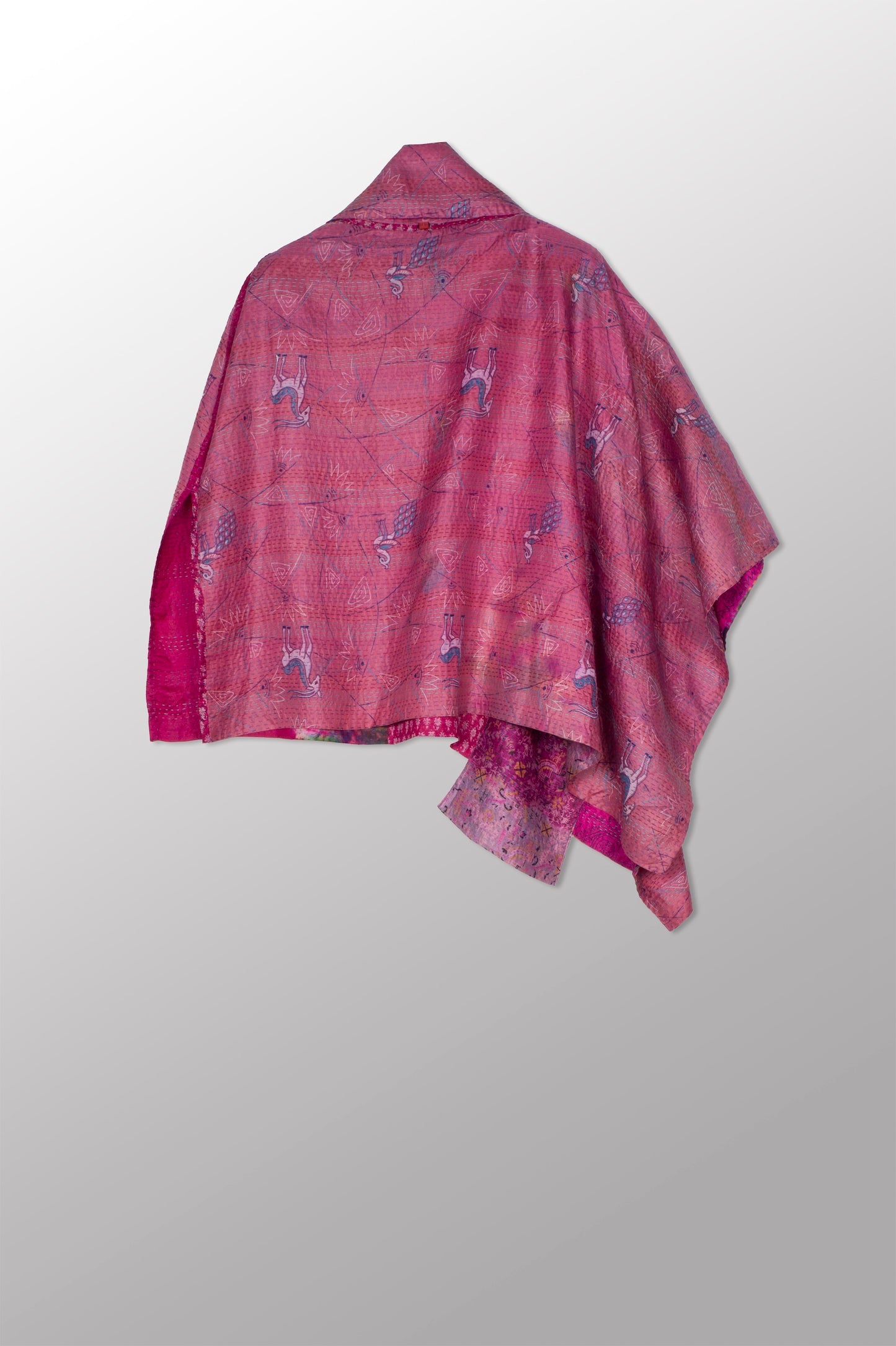 VINTAGE SILK KANTHA COWL NECK LONG CAPE - sv2842-mlt -