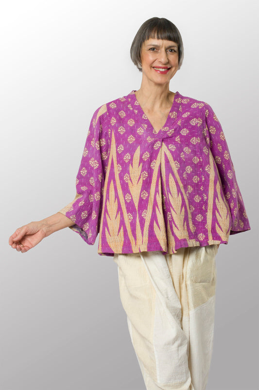 VINTAGE COTTON KANTHA V-NECK FLARE TOP - cv2567-0001m -