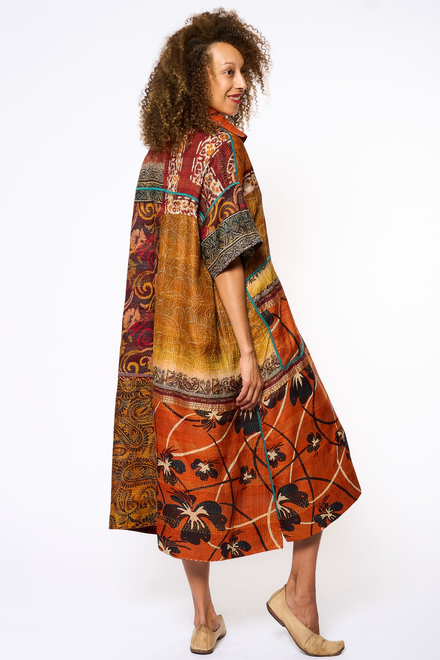 VINTAGE SILK KANTHA WING COLLAR DRESS - sv2454-0002a -