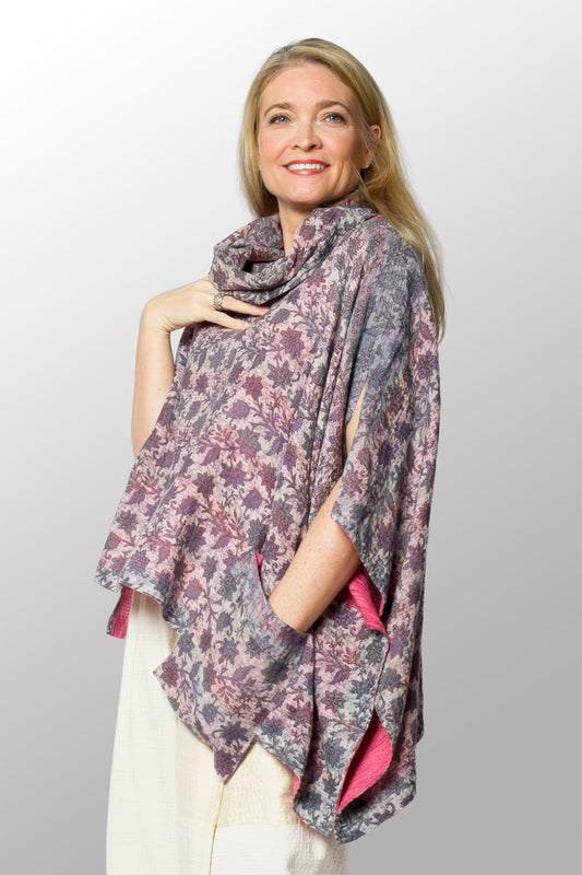 VINTAGE COTTON KANTHA COWL NECK LONG CAPE - cv2842-0003a -