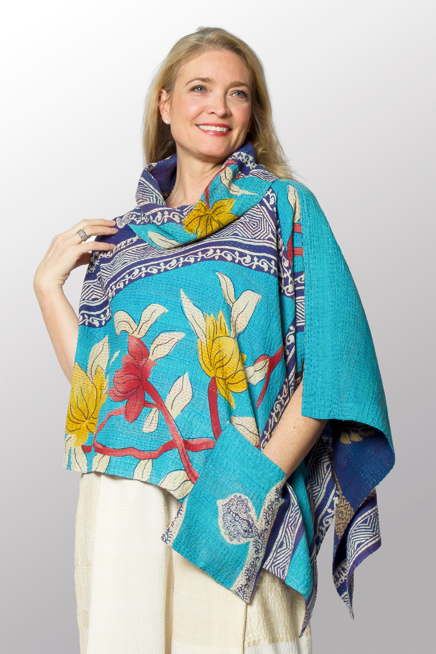 VINTAGE COTTON KANTHA COWL NECK LONG CAPE - cv2842-0001a -
