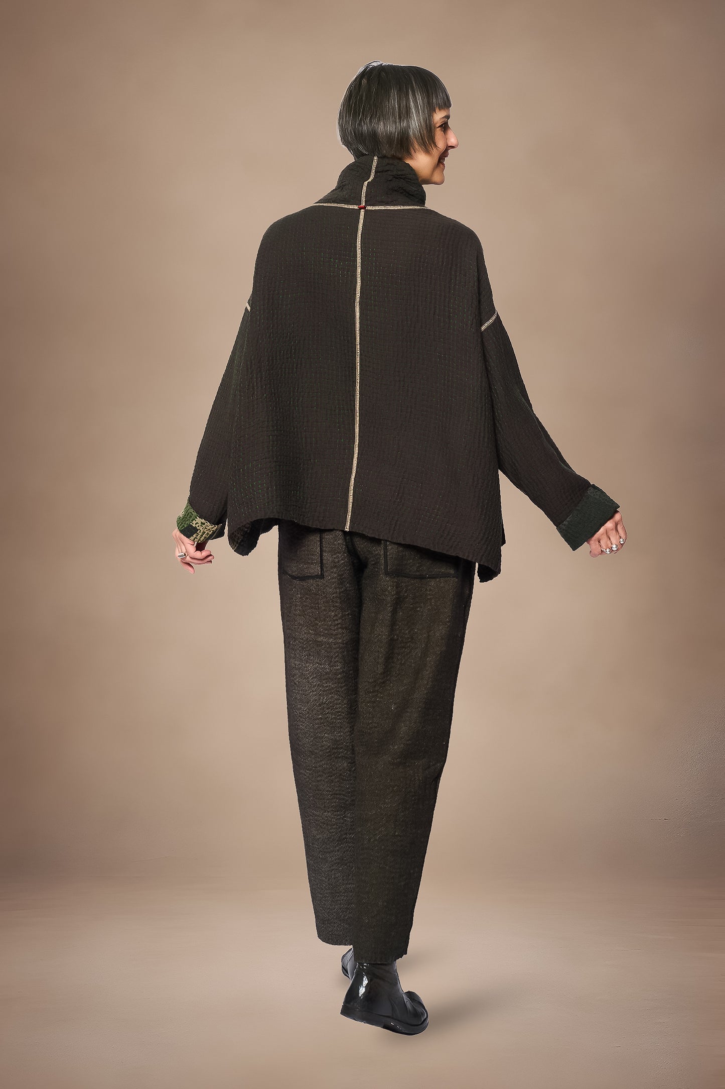 ABSTRACT WAFFLE KANTHA FUNNEL NECK PULLOVER - bw3t106-grn -