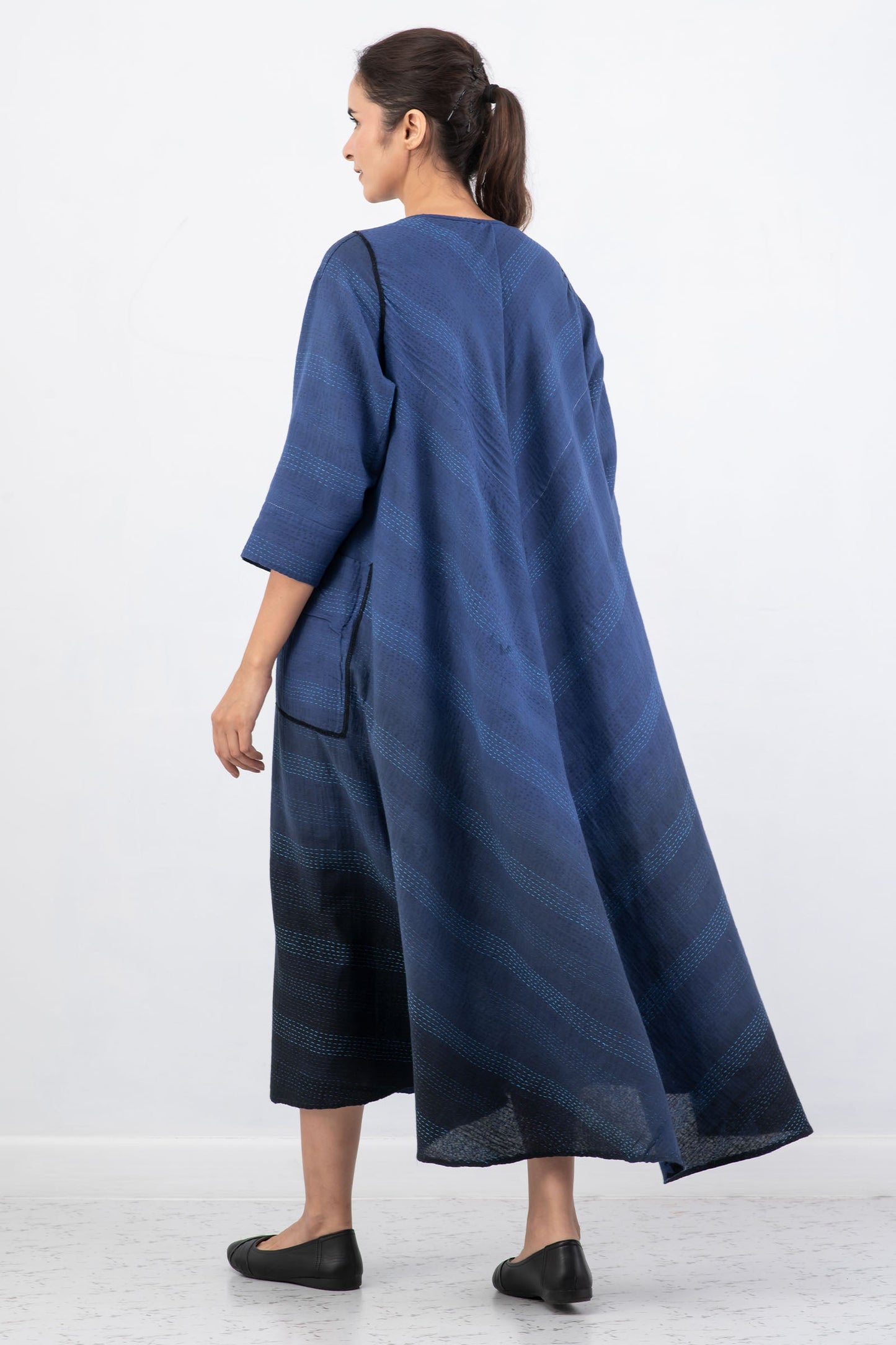 MONOTONE TWILIGHT PRINT KANTHA V-NECK MAXI WITH SLEEVES - tp2441-nvy -