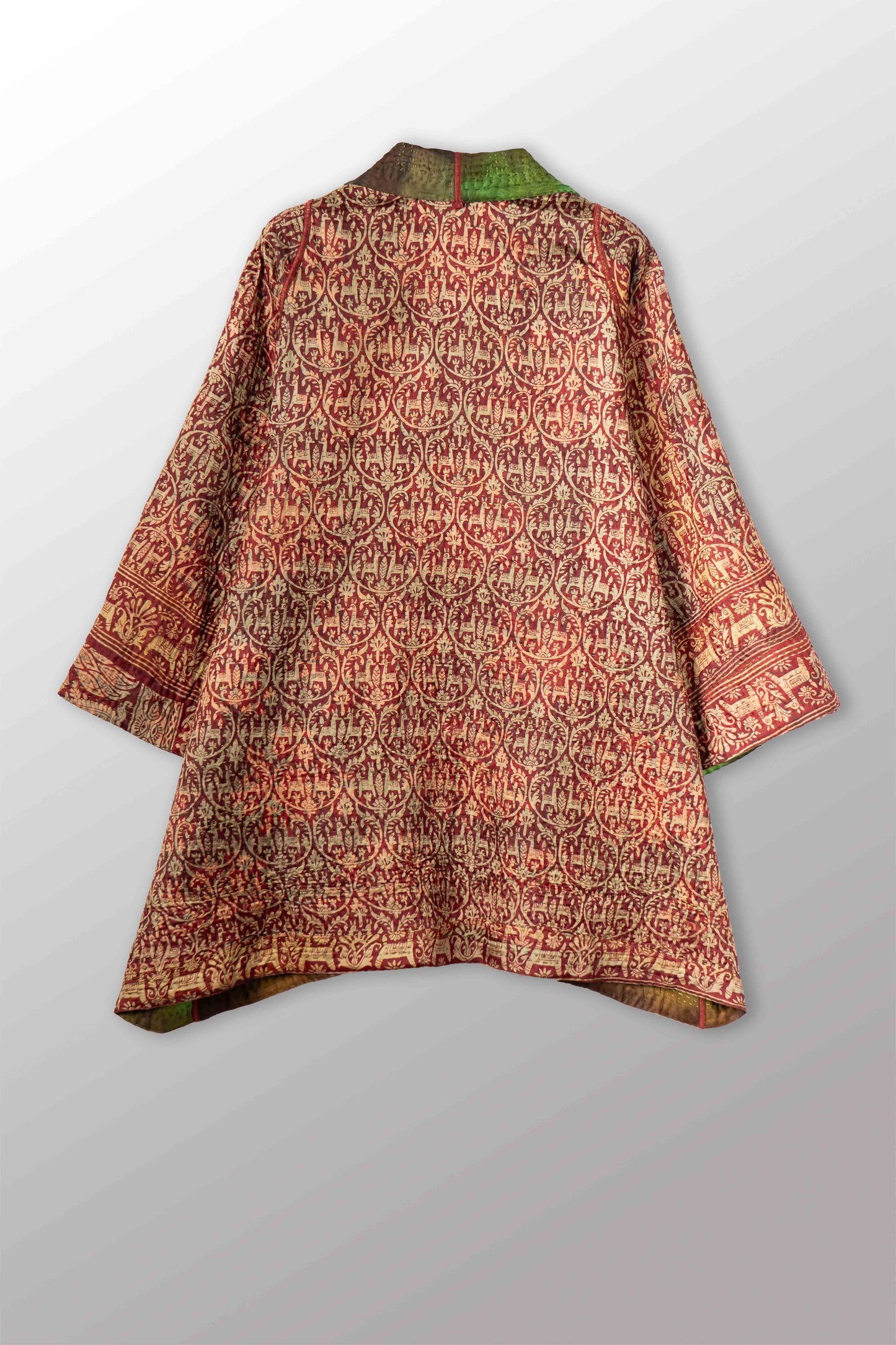 VINTAGE JACQUARD CLAMP DYE WITH PRINTED SILK KANTHA A-LINE JACKET - jk4003-0002a -
