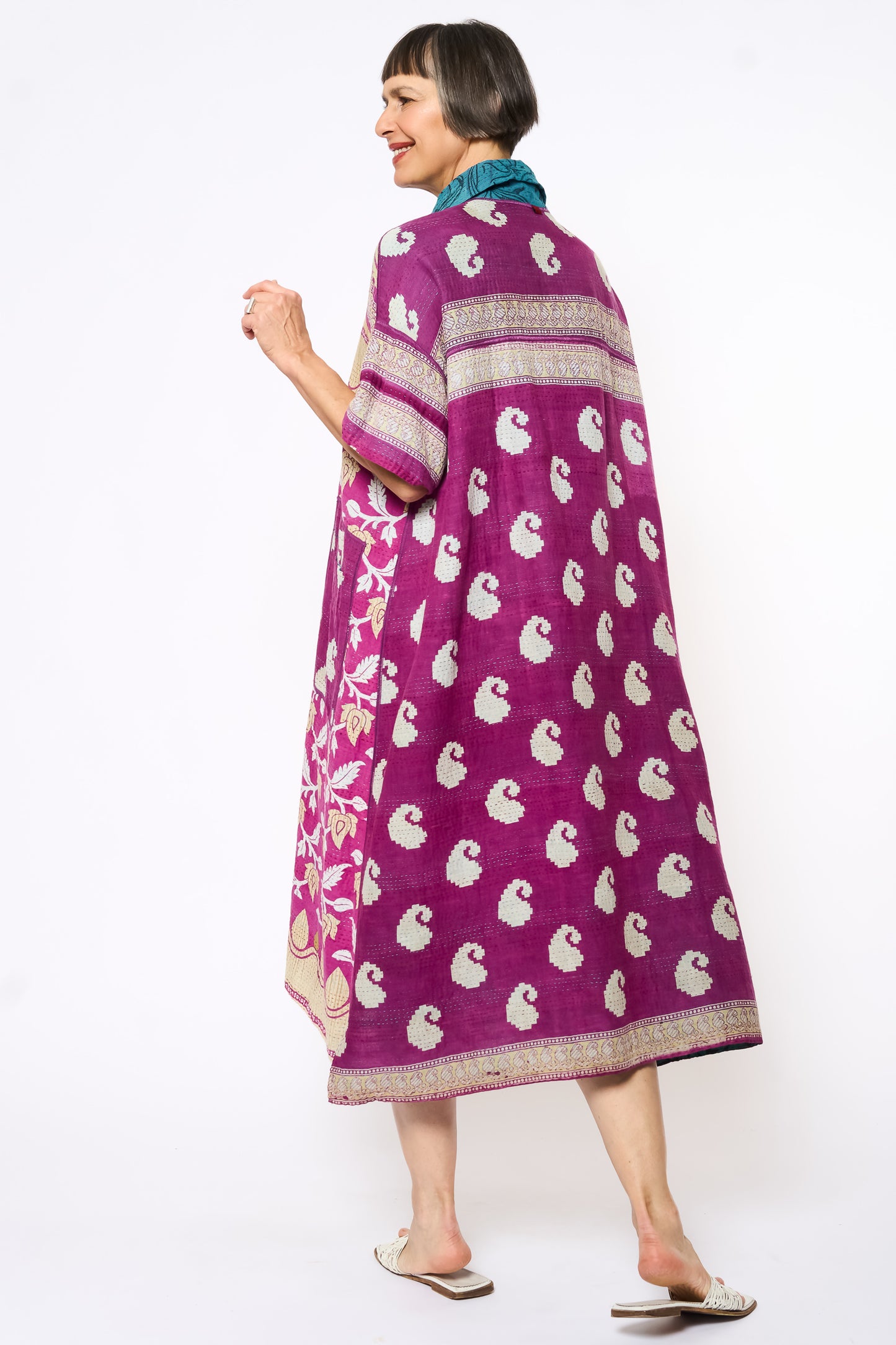 COTTON OVERDYE KANTHA WING COLLAR DRESS - ov2454-cblu001a -