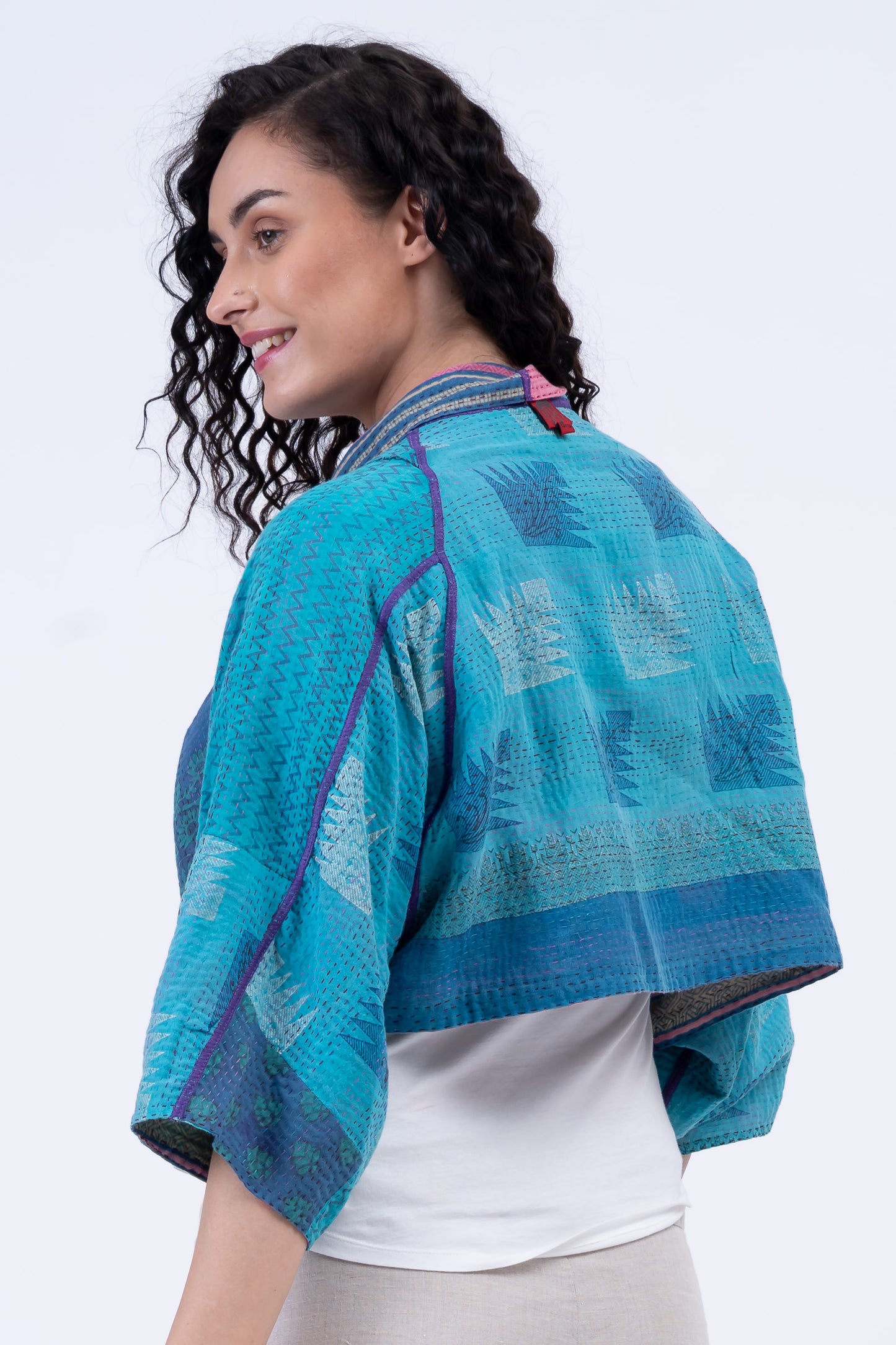 COTTON OVERDYE KANTHA PUFF SLV. SHRUG - ov2062-cblu005a -