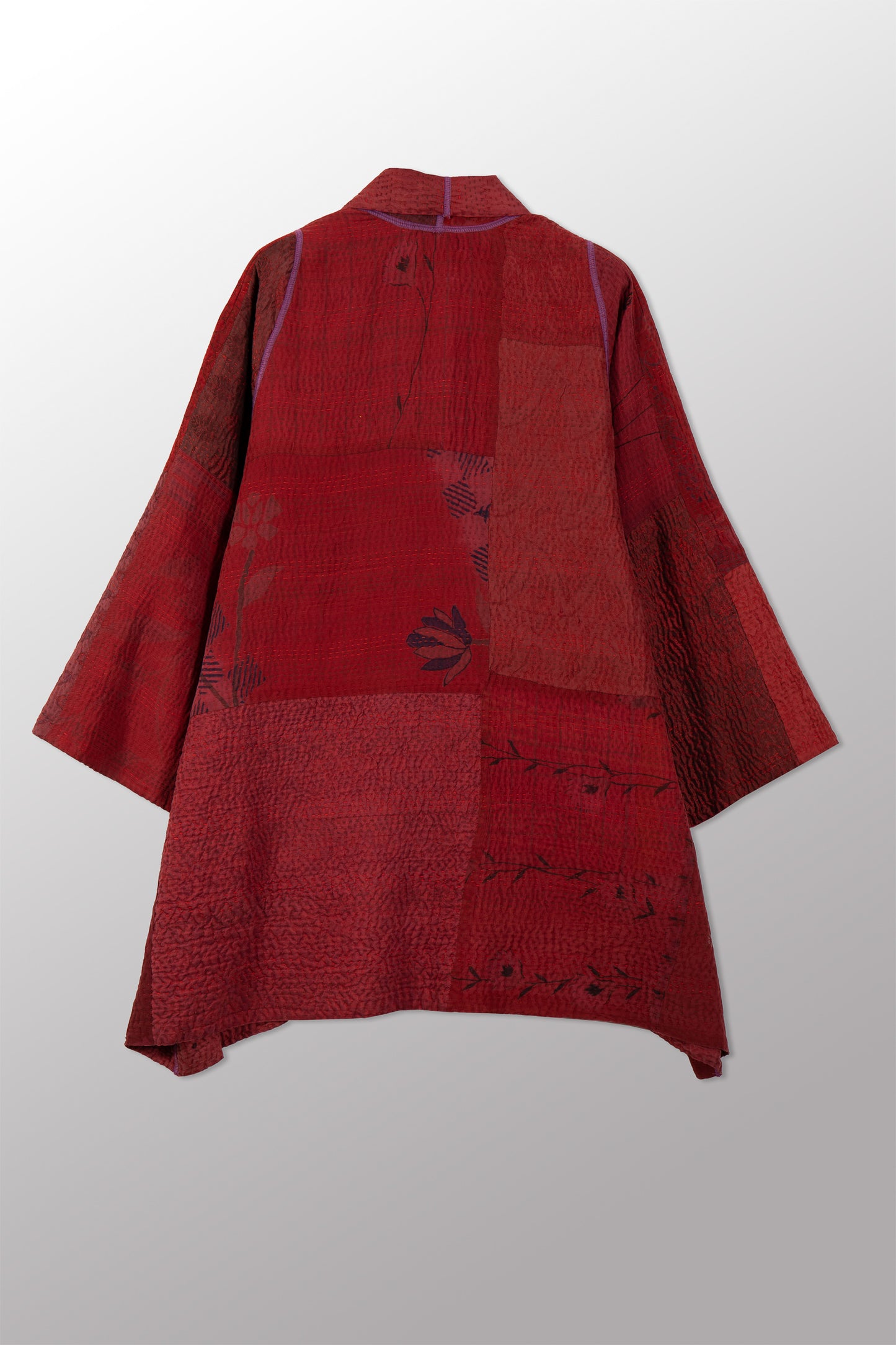 GEORGETTE JACQUARD VINTAGE SILK PATCH KANTHA A-LINE JACKET - gj4003-red -