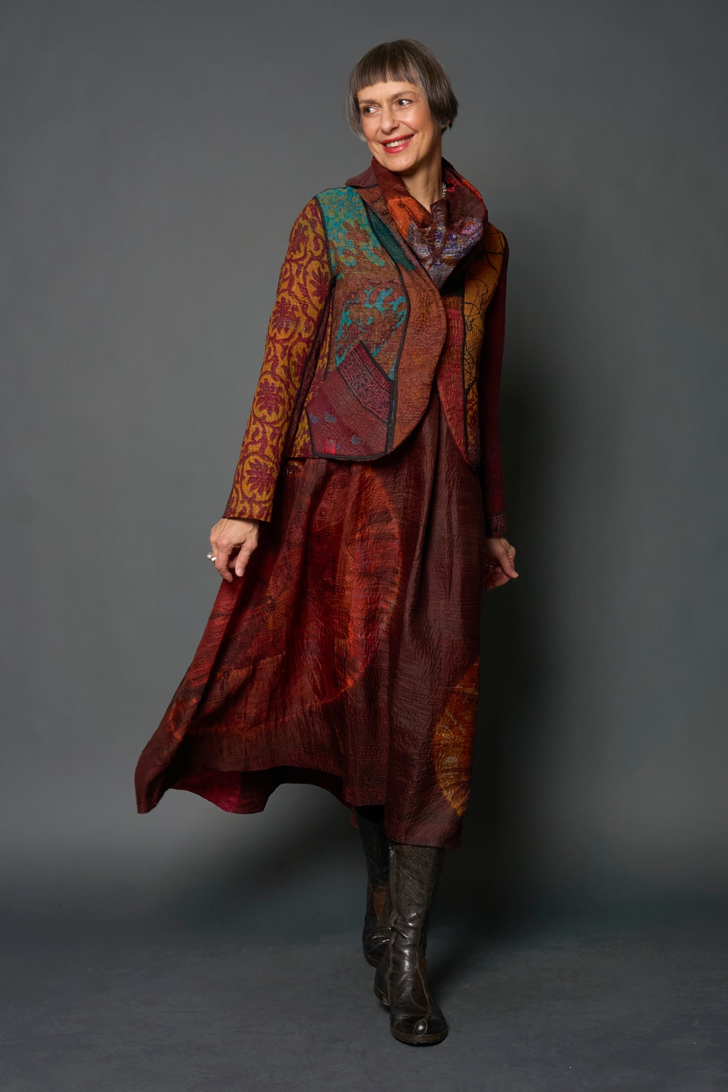 JACQUARD SILK KANTHA CROPPED BASIC JACKET - js4096-brn -