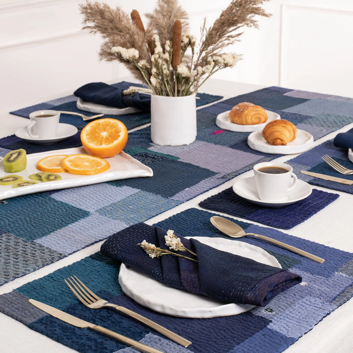 Landscape Fray Patch Vintage Kantha Napkin -Navy (Set of 2)