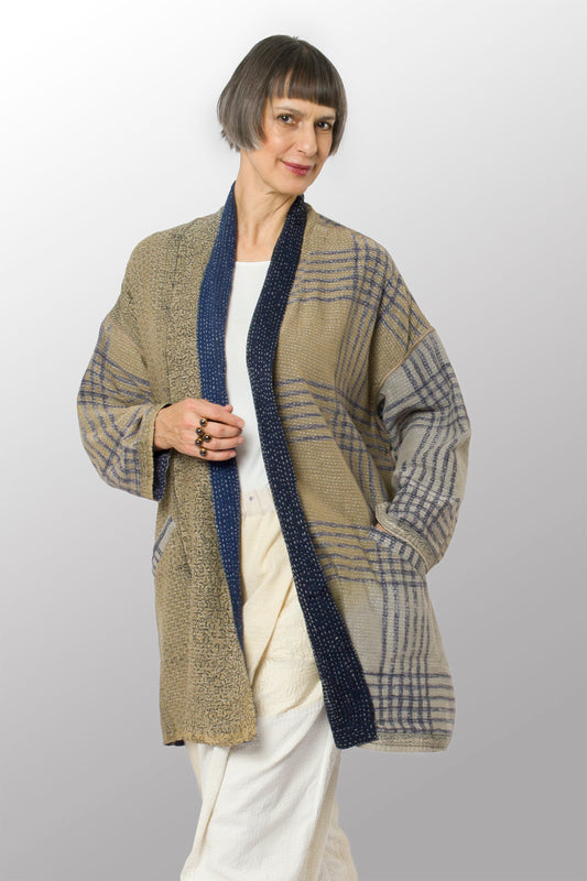 INDONESIAN PRINT VINTAGE INDIGO BACKING KANTHA HAORI JACKET - bi2068-blu -