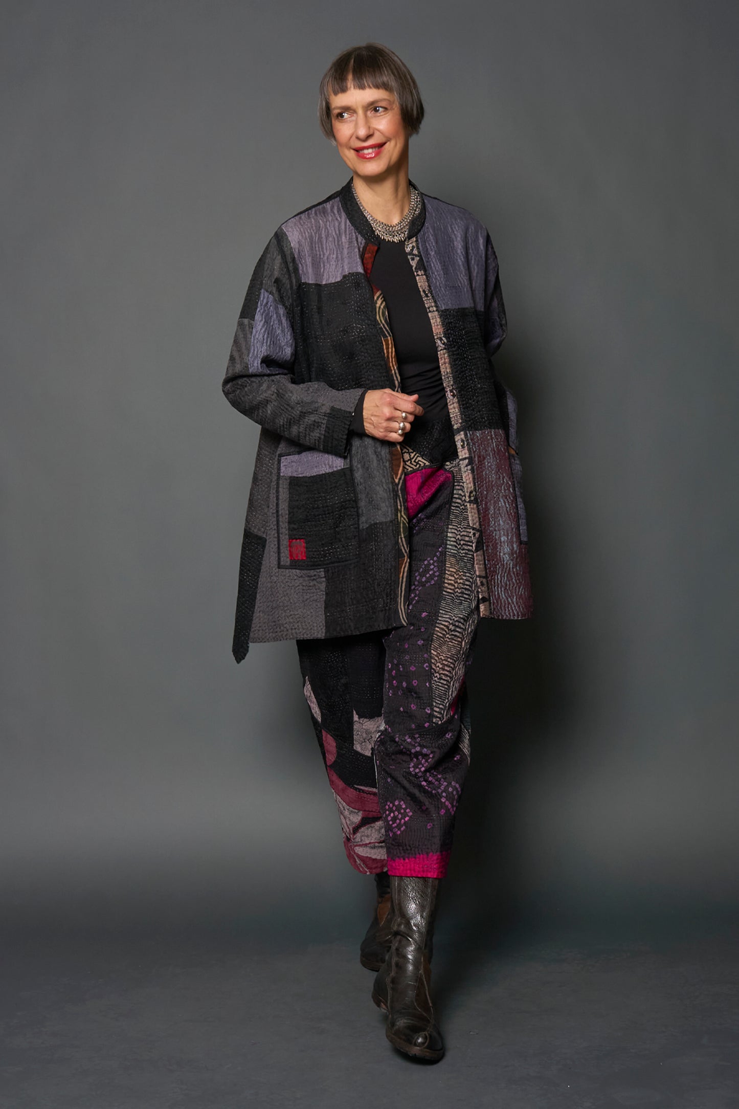 JACQUARD SILK KANTHA HAORI JACKET - js4068-blk -