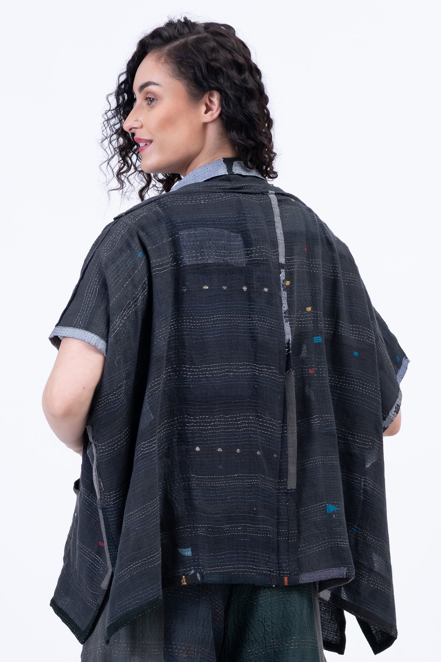 TONAL TILE PATCH KANTHA PONCHO TOP - tt2568-gry -