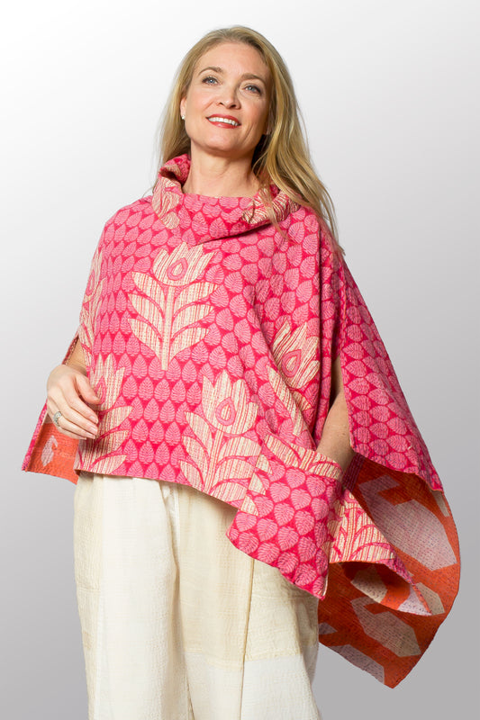 VINTAGE COTTON KANTHA COWL NECK LONG CAPE - cv2842-0006a -