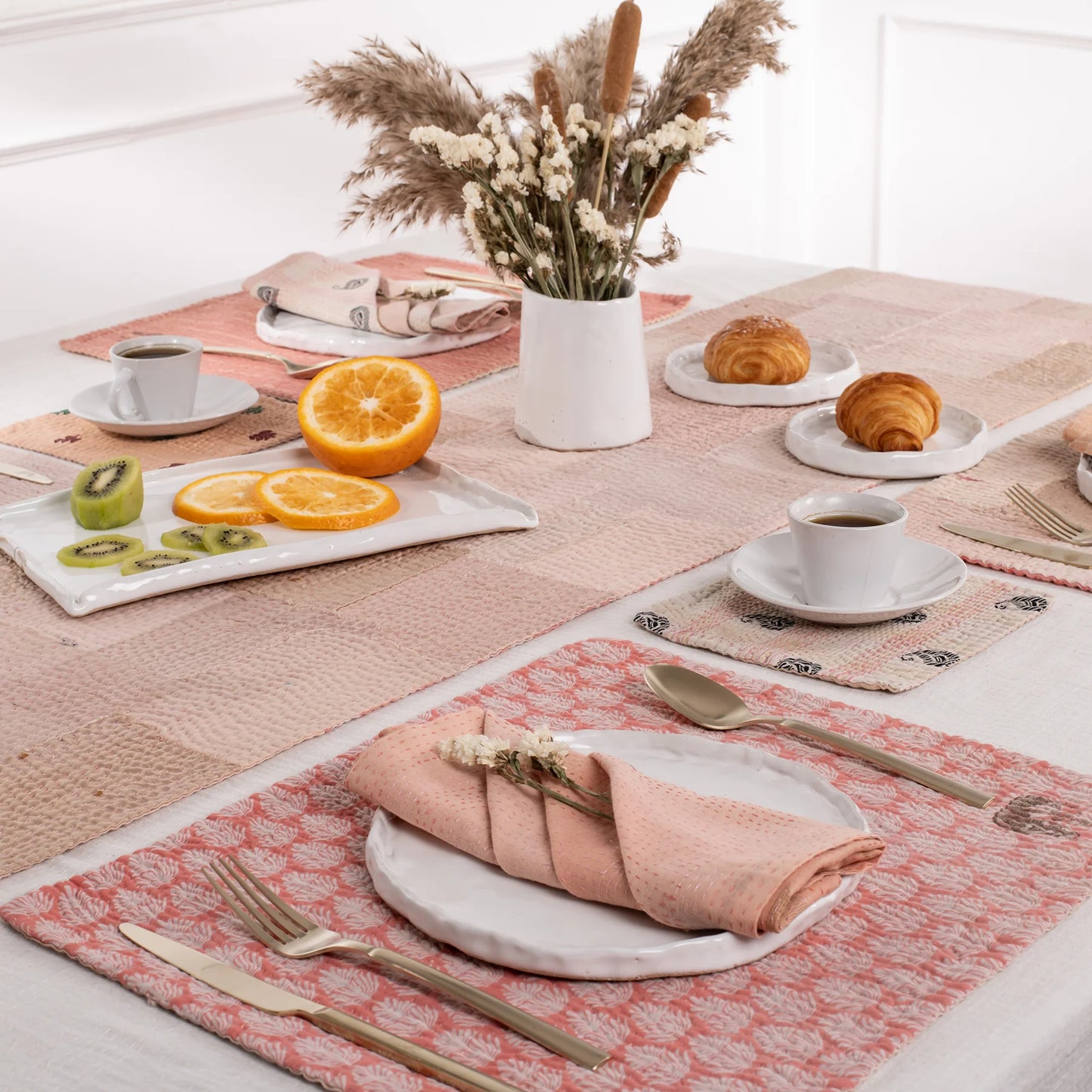 Mosaic Fray Patch Vintage Kantha Table Runner -Shallot