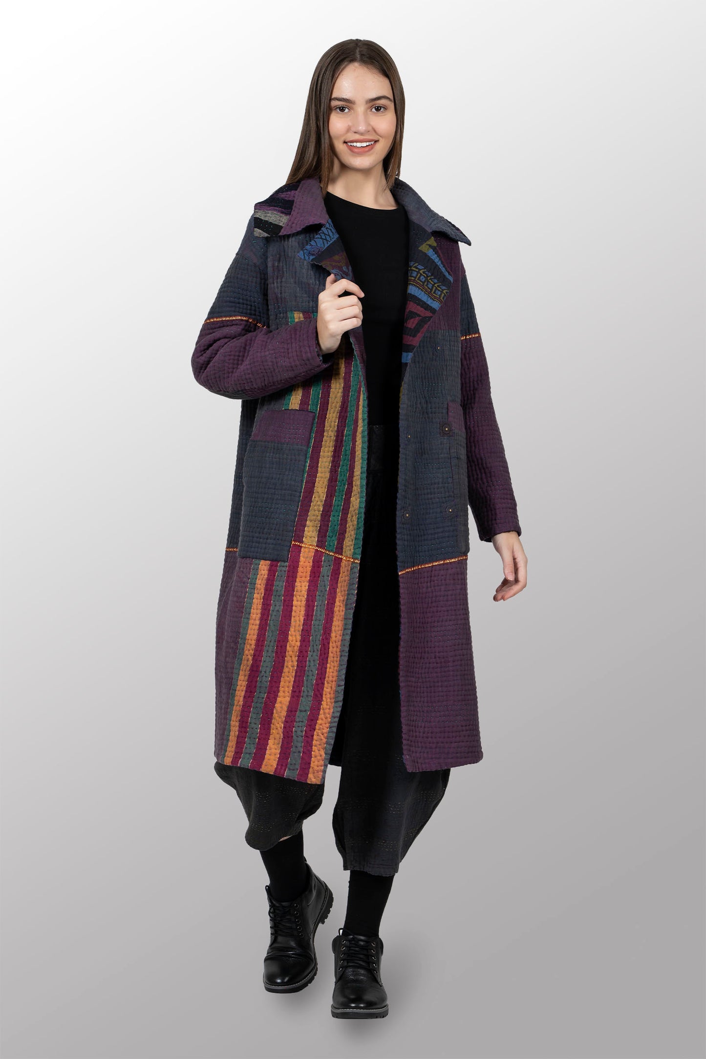 QUILTED OVERDYE COTTON KANTHA DOUBLE BREAST LONG COAT - oq5340-cred001a -