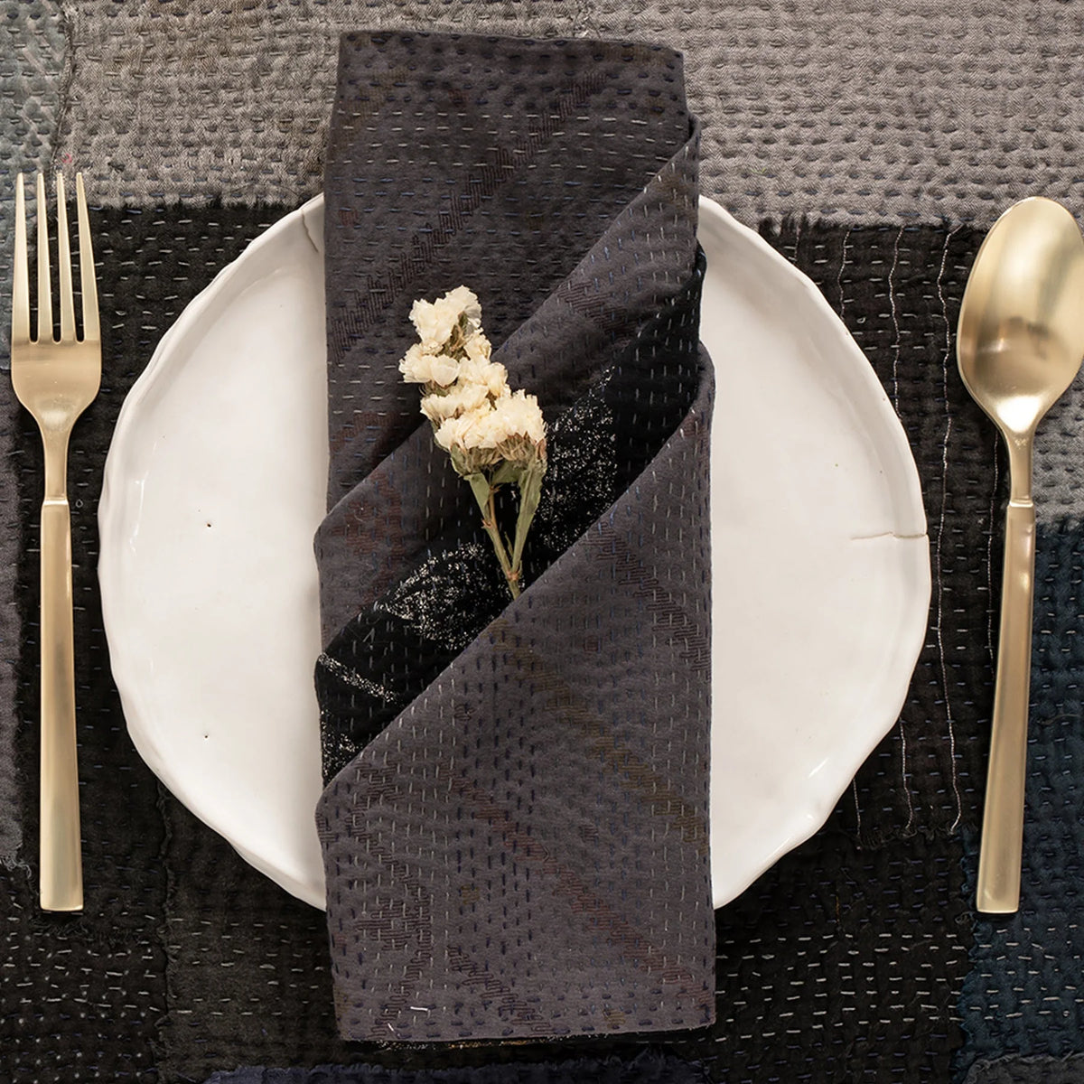 Landscape Fray Patch Vintage Kantha Napkin -Black (Set of 2)