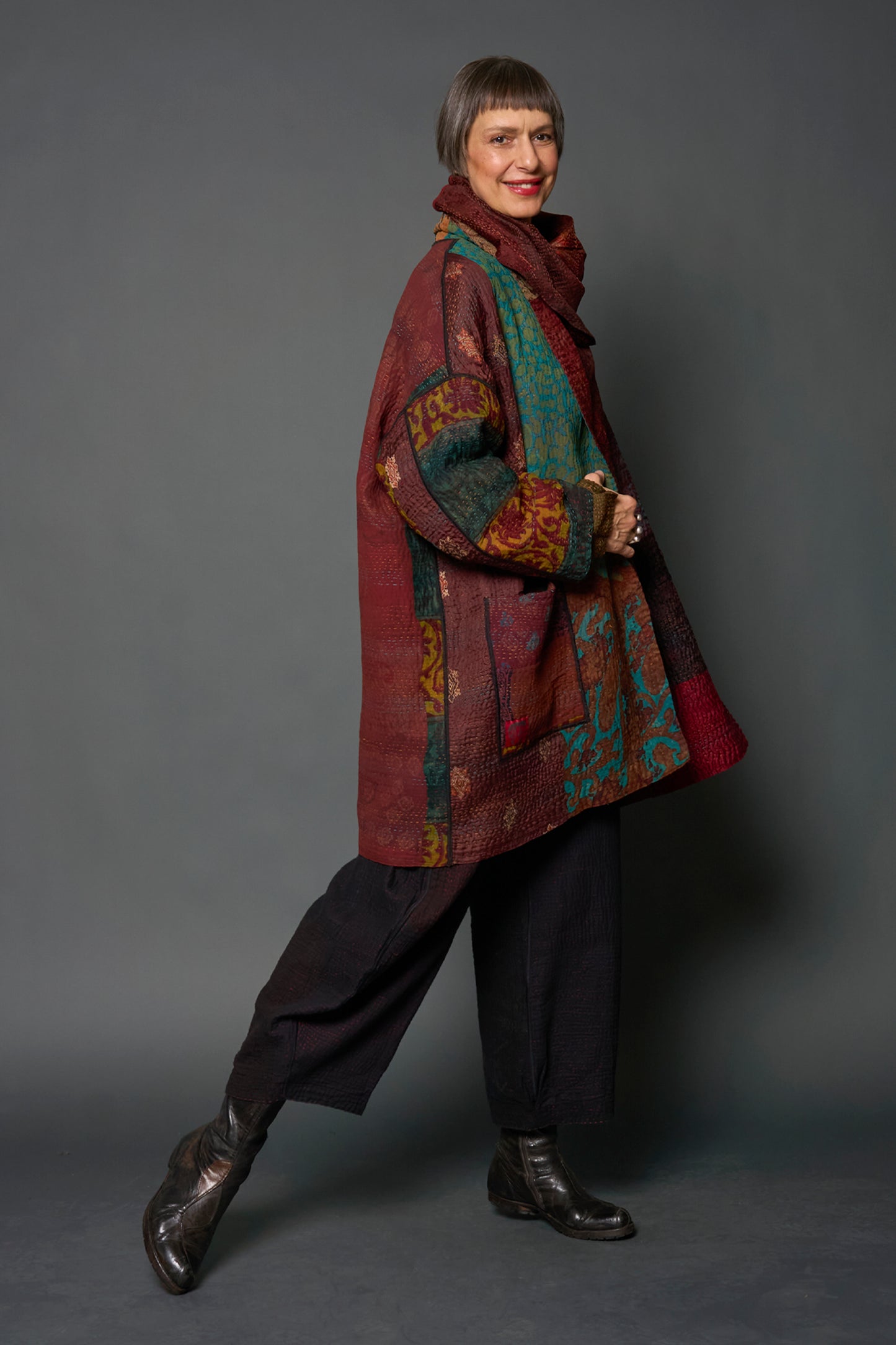 JACQUARD SILK KANTHA HAORI JACKET - js4068-brn -