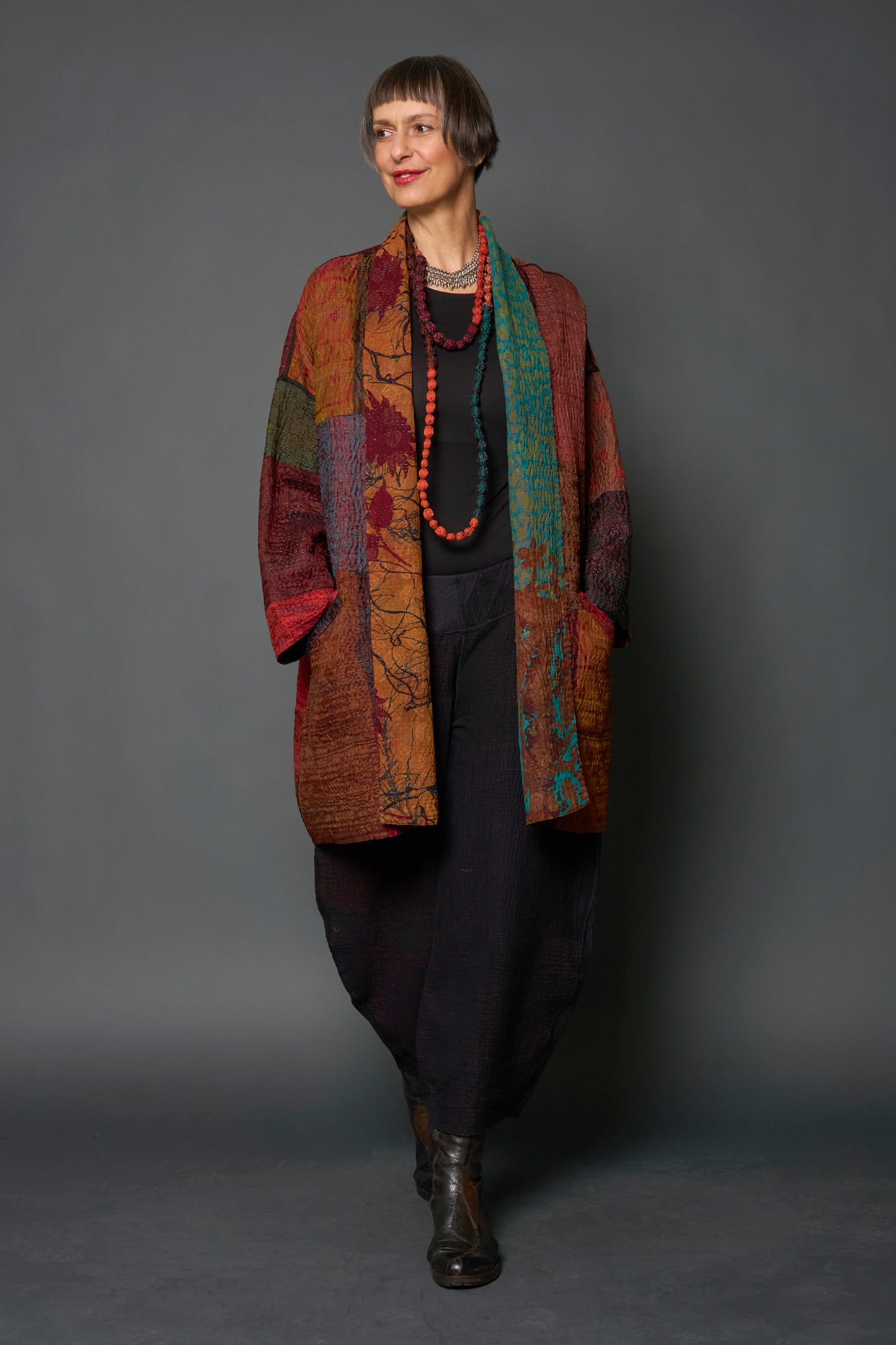 JACQUARD SILK KANTHA HAORI JACKET - js4068-brn -