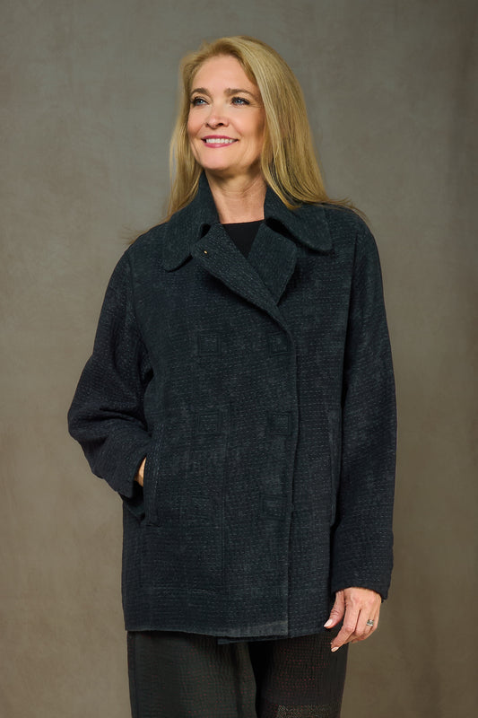 DENIM SUN-DYE KANTHA PEA COAT - ds3349-blk -