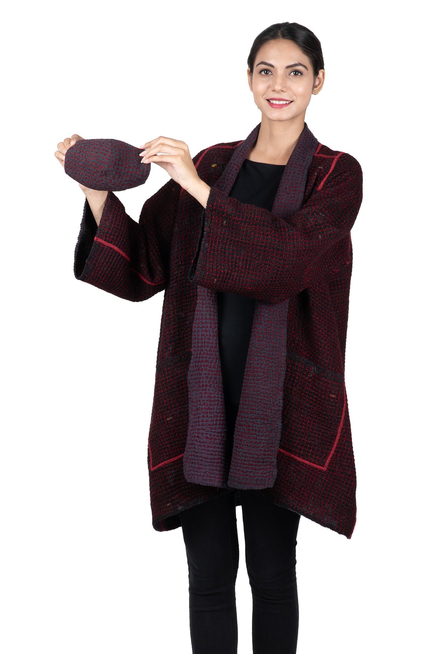 WOOL WAFFLE KANTHA A-LINE JKT - ww3003-red -