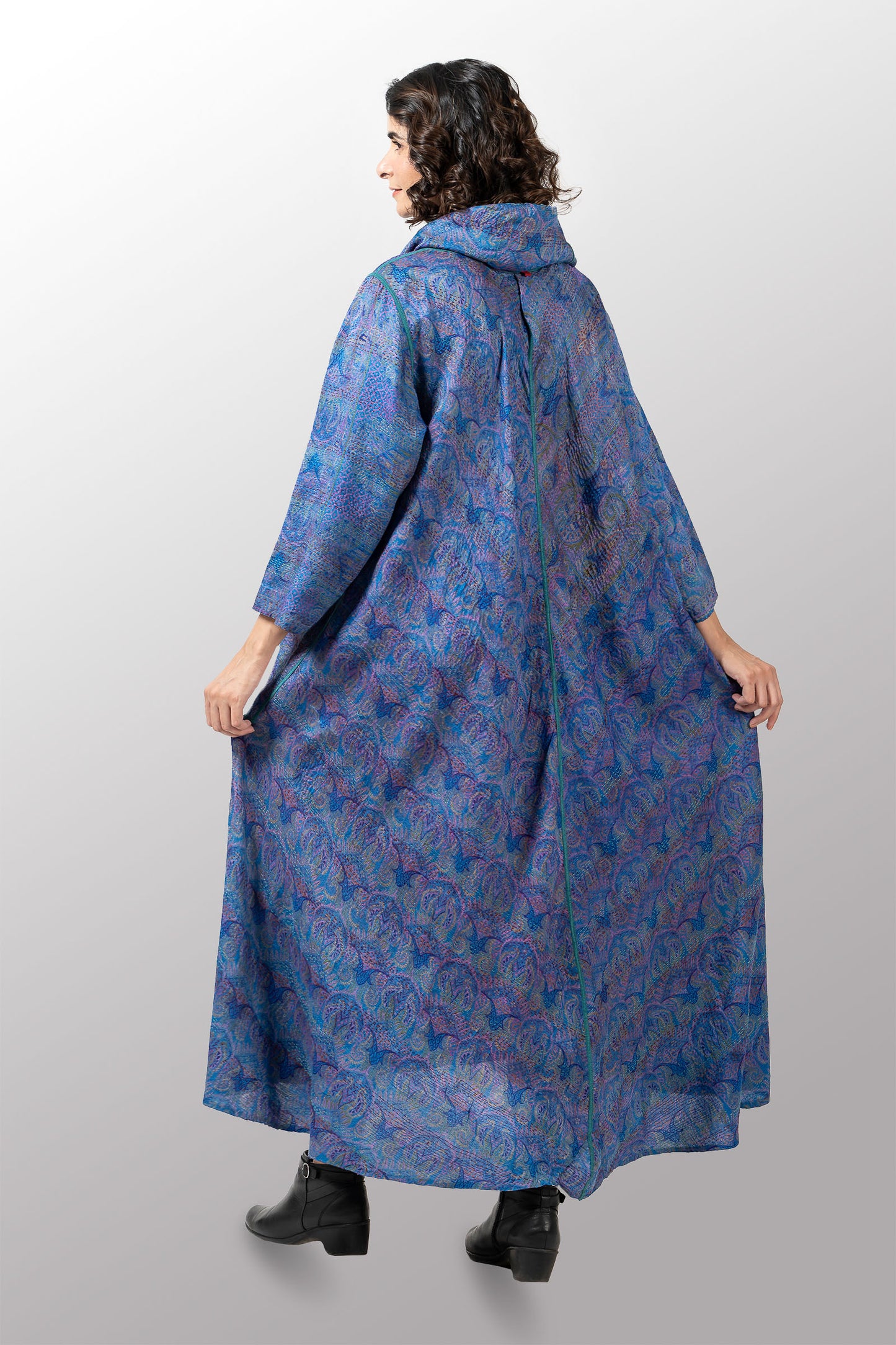 VINTAGE SILK GEORGETTE KANTHA COWL NECK LONG SLEEVE DRESS - sg2450-0003m -