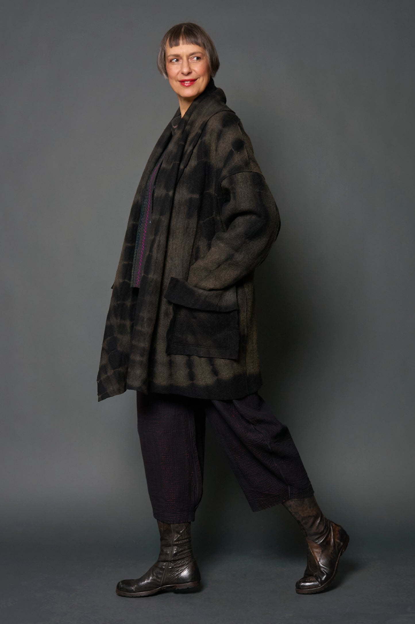 SHIBORI TIE DYE BOILED WOOL SHAWL COAT - tb1350-grn -
