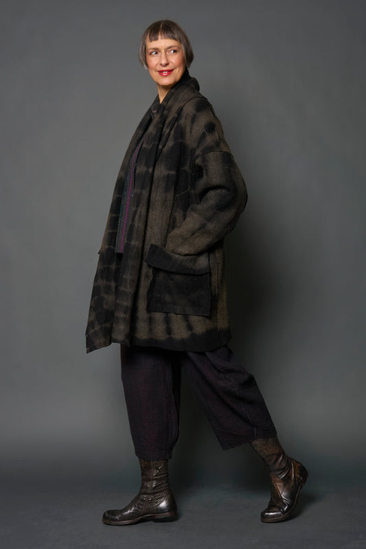 SHIBORI TIE DYE BOILED WOOL SHAWL COAT - tb1350-grn -