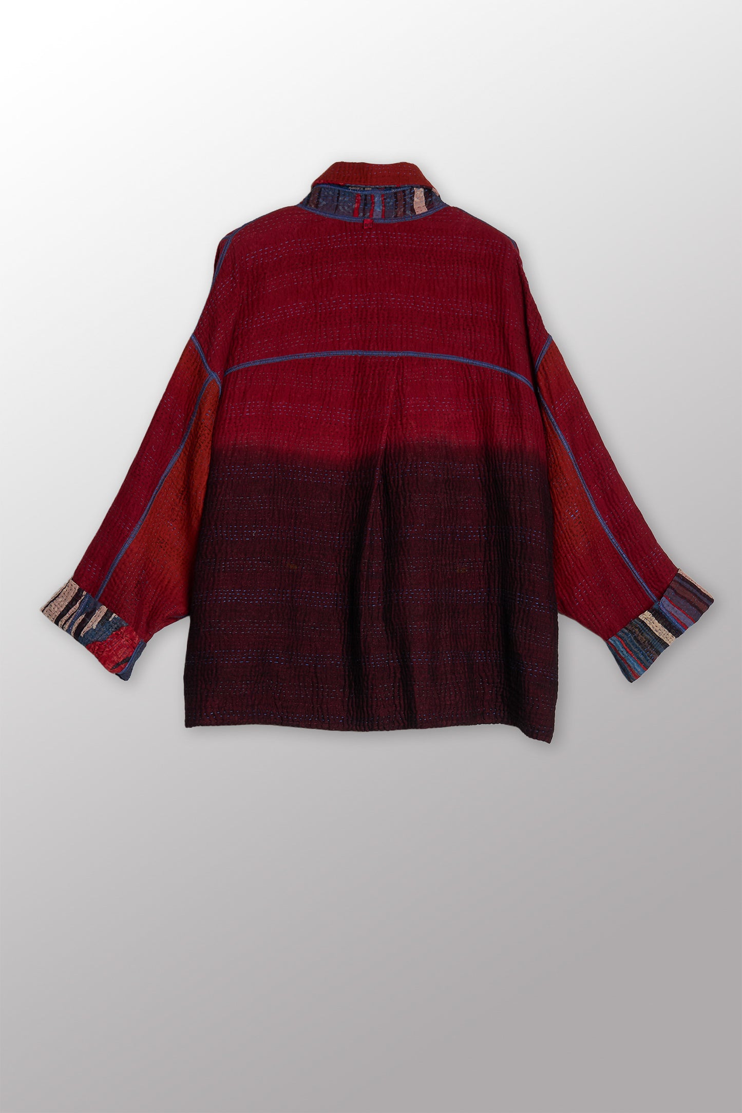 STRIPE AND BENDS KANTHA CROPPED SHIRT JACKET - sb4075-red -