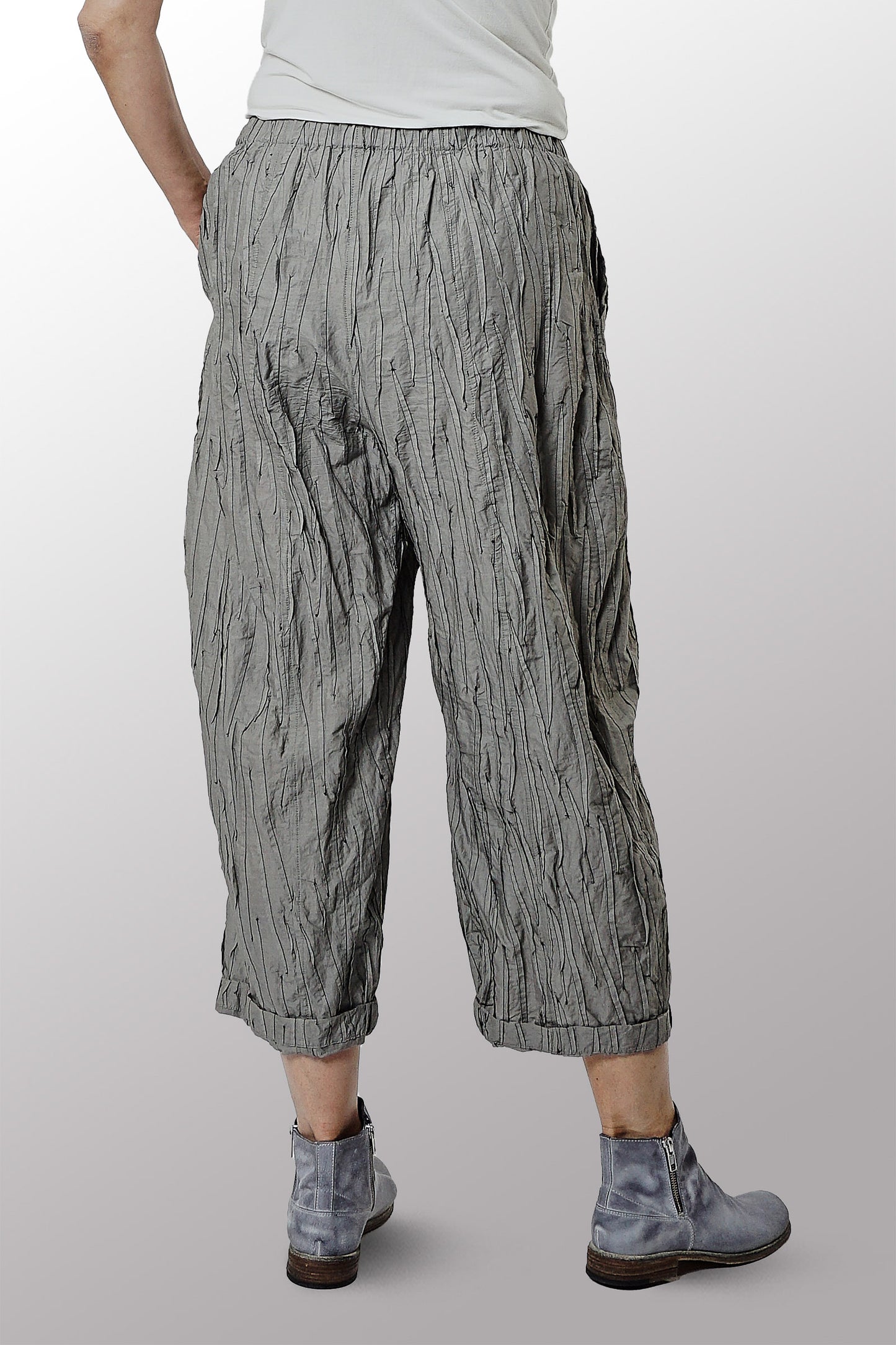 POLISHED COTTON RANDOM TUCK VOILE BARREL PANTS - rc1641-gry -