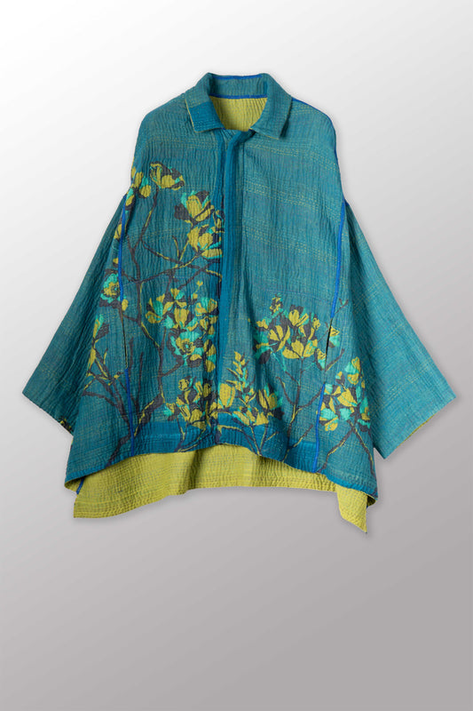 BLOOMING FLOWERS KANTHA OVERSIZED MINI COAT - bf4332-blu -