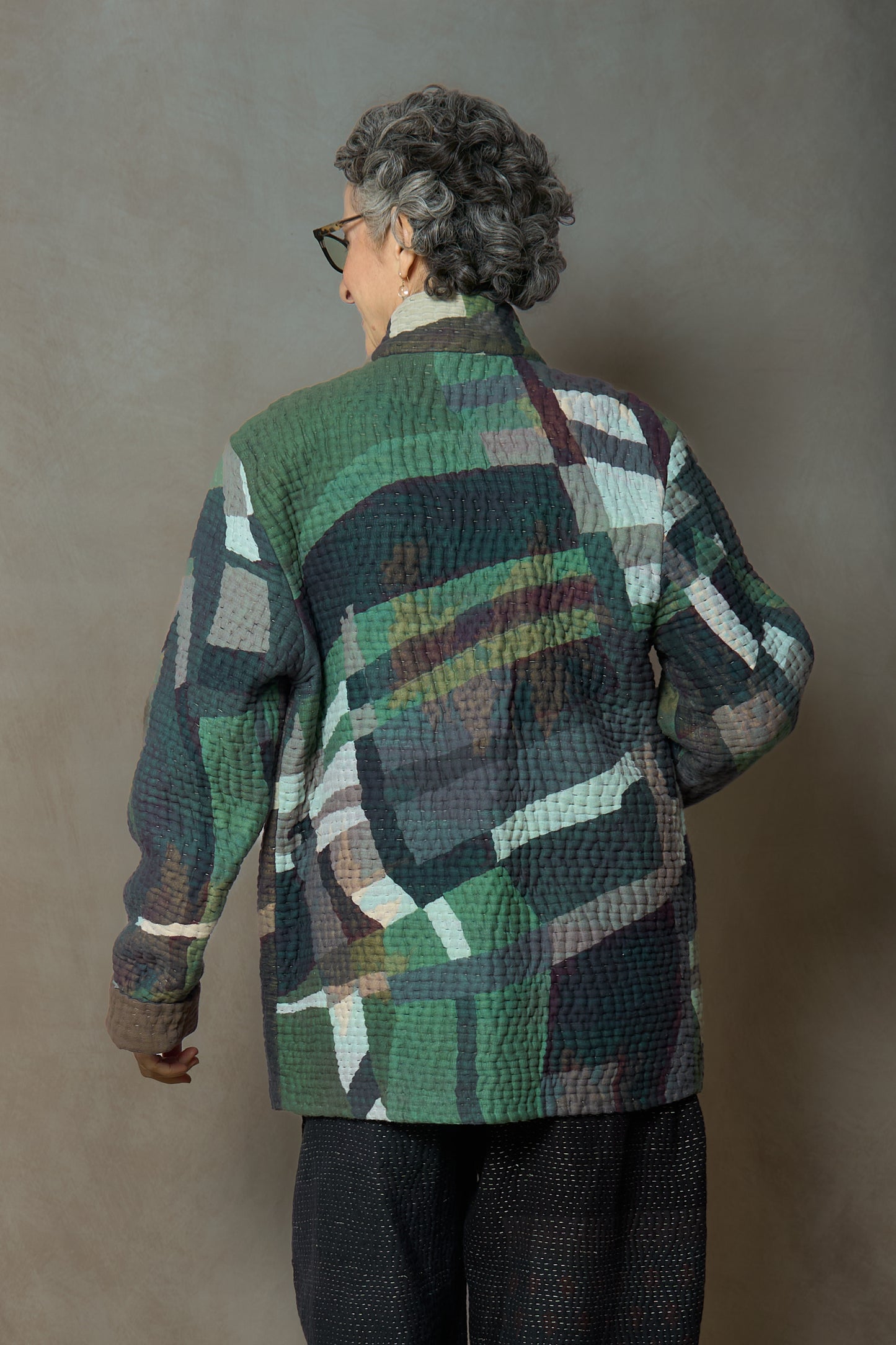ABSTRACT AND DUCK CLOTH KANTHA SIMPLE MEN'S JACKET - ap5072-grn -