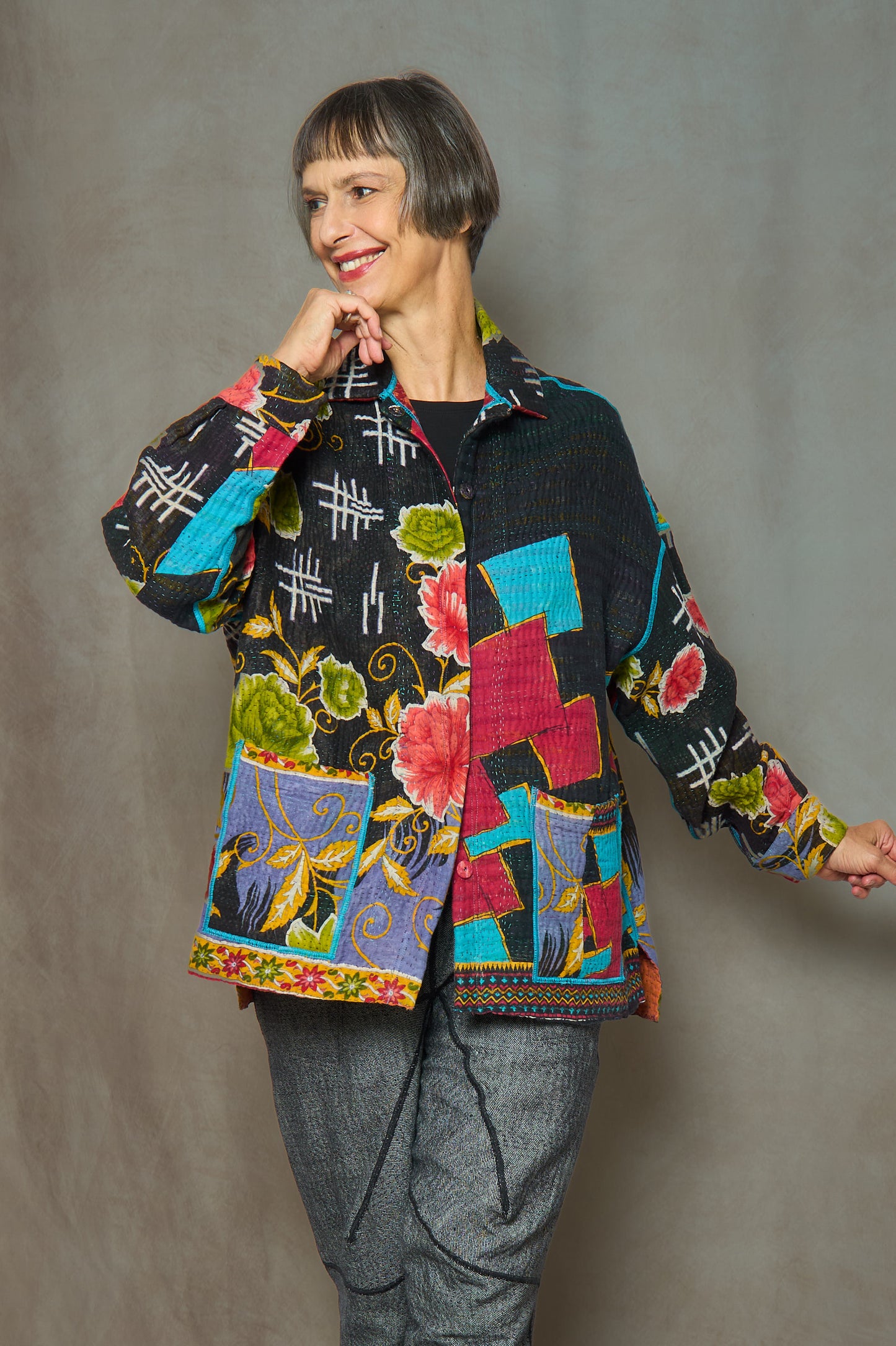 VINTAGE COTTON KANTHA RELAXED SHIRT JACKET - cv4j105-0002s -