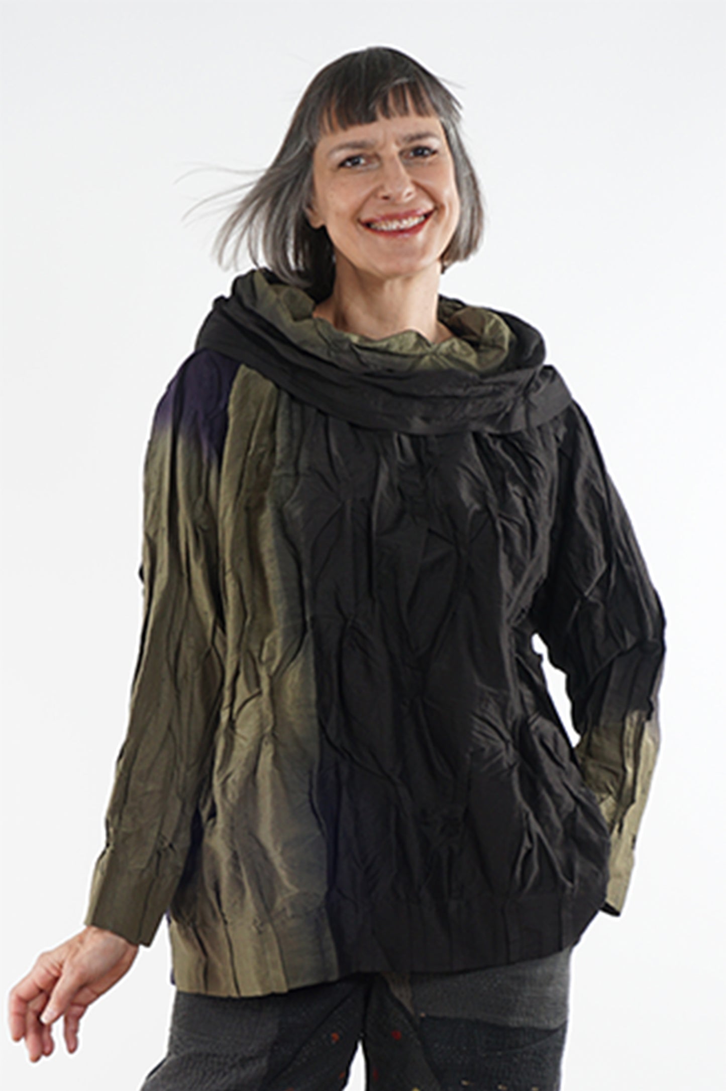 DYED COTTON SILK HEAVY VOILE WAVY TUCK RAGLAN TOP - dh1560-ogr -