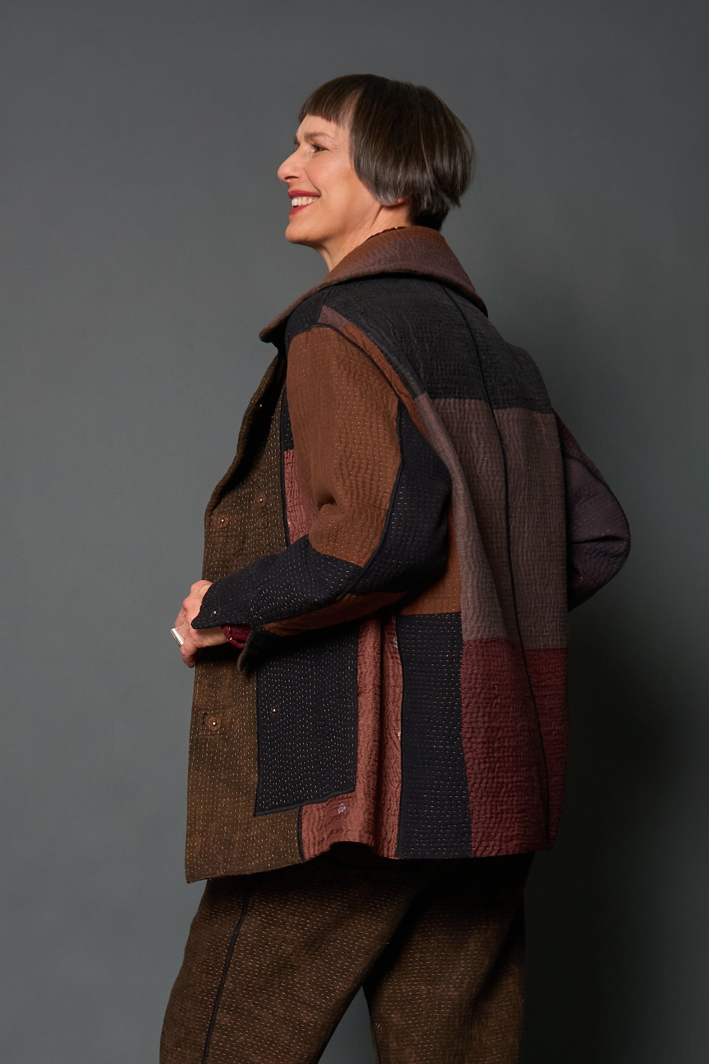 DENIM SUN-DYE KANTHA PEA COAT - ds3349-brn -