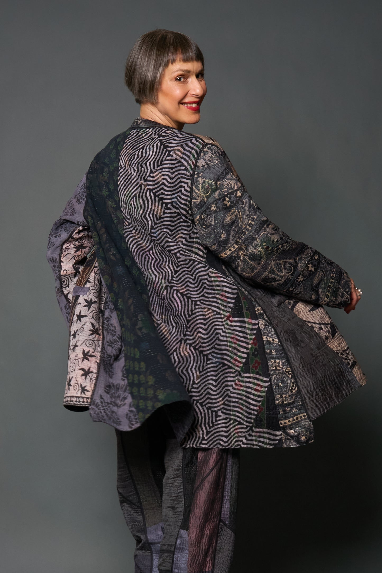 JACQUARD SILK KANTHA KAFTAN JACKET MEDIUM - js4089-blk -