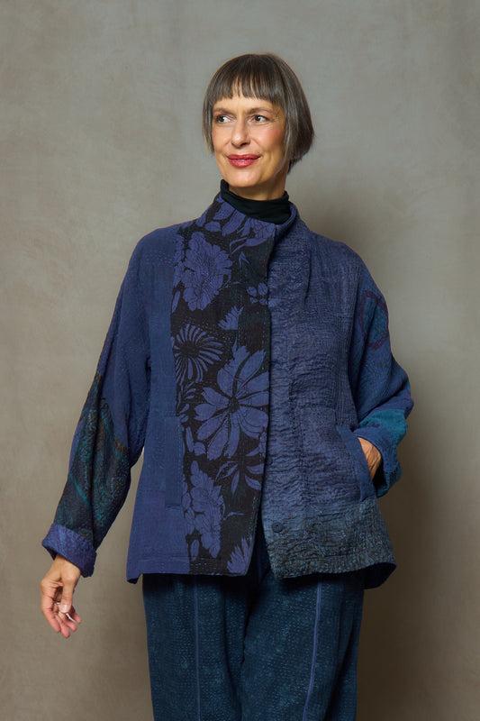 JACQUARD SILK KANTHA HIGH-NECK CROPPED JACKET - js4095-nvy -