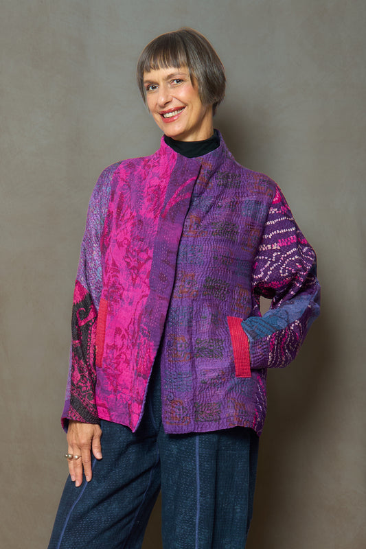 JACQUARD SILK KANTHA HIGH-NECK CROPPED JACKET - js4095-prp -